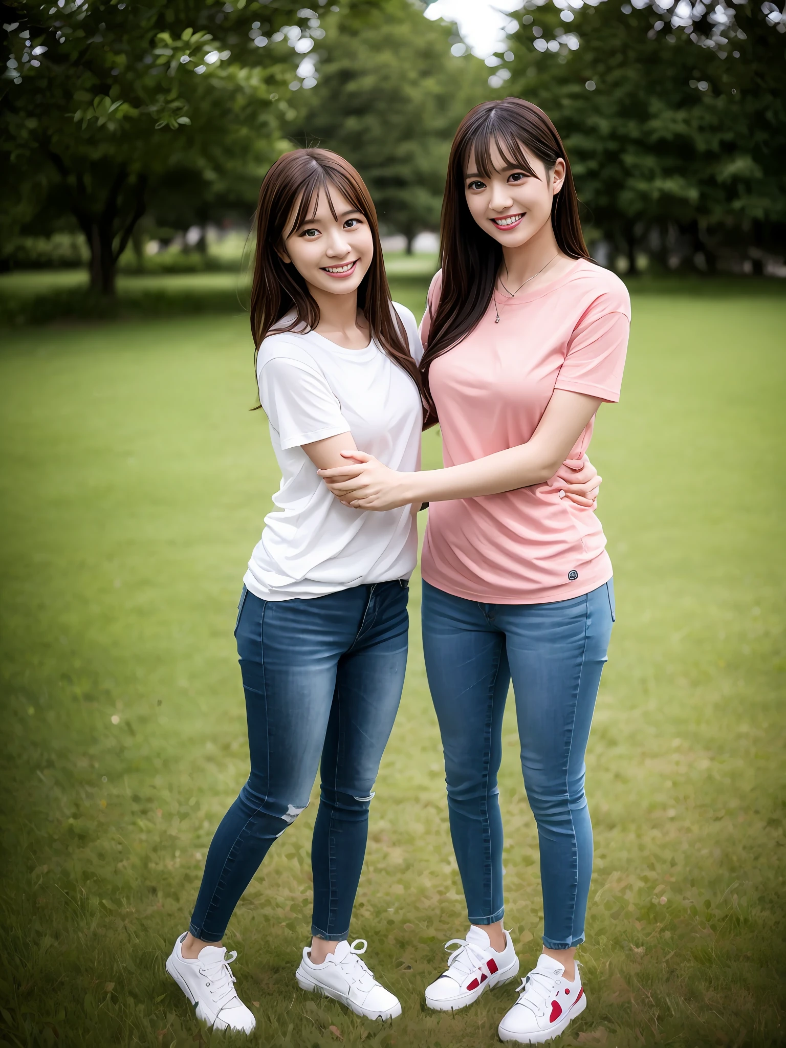 (超高分辨率,RAW photogr,realisticlying,tmasterpiece,best qualtiy:1.4),Complicated details,2 20 year old Korean girl,Wear a loose black T-shirt and skinny jeans,Stand on the grass and take pictures,hugs,Intimate relationships,Detailed meadow,A sweet smile on a small face,Ultra-realistic facial details,The face and skin are pink and white, and luminous,Playful and coquettish pose,The calves are straight and slender:1.2,Wear high-end brand sneakers:1.0,eventide:0.3,Broad lighting,naturalshadow:1.0,超高分辨率,taking a full body photo:1.8 --auto