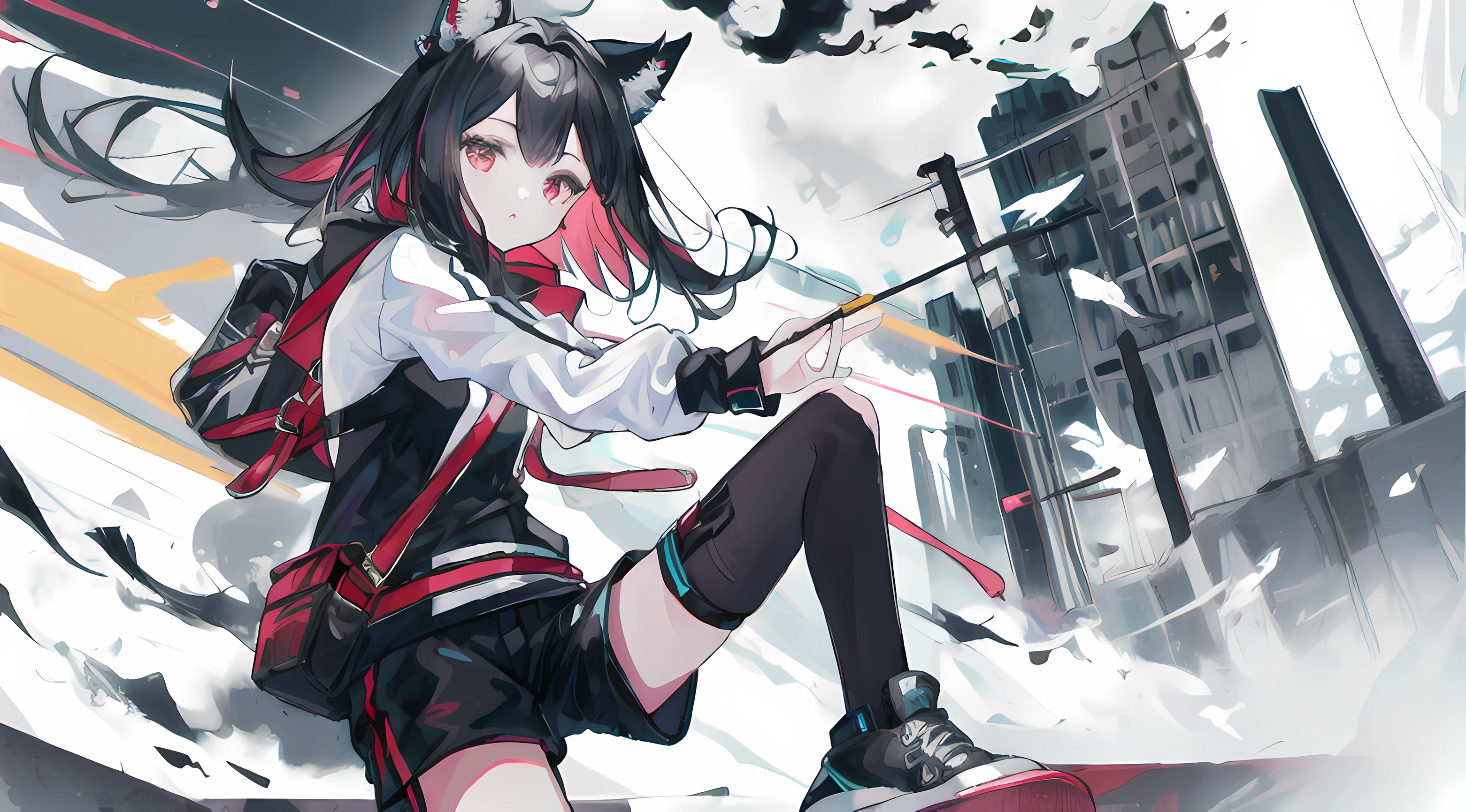 1girl, animal ears, dark hair, medium hair, arknights, intricate details, black shorts, sneakers, street