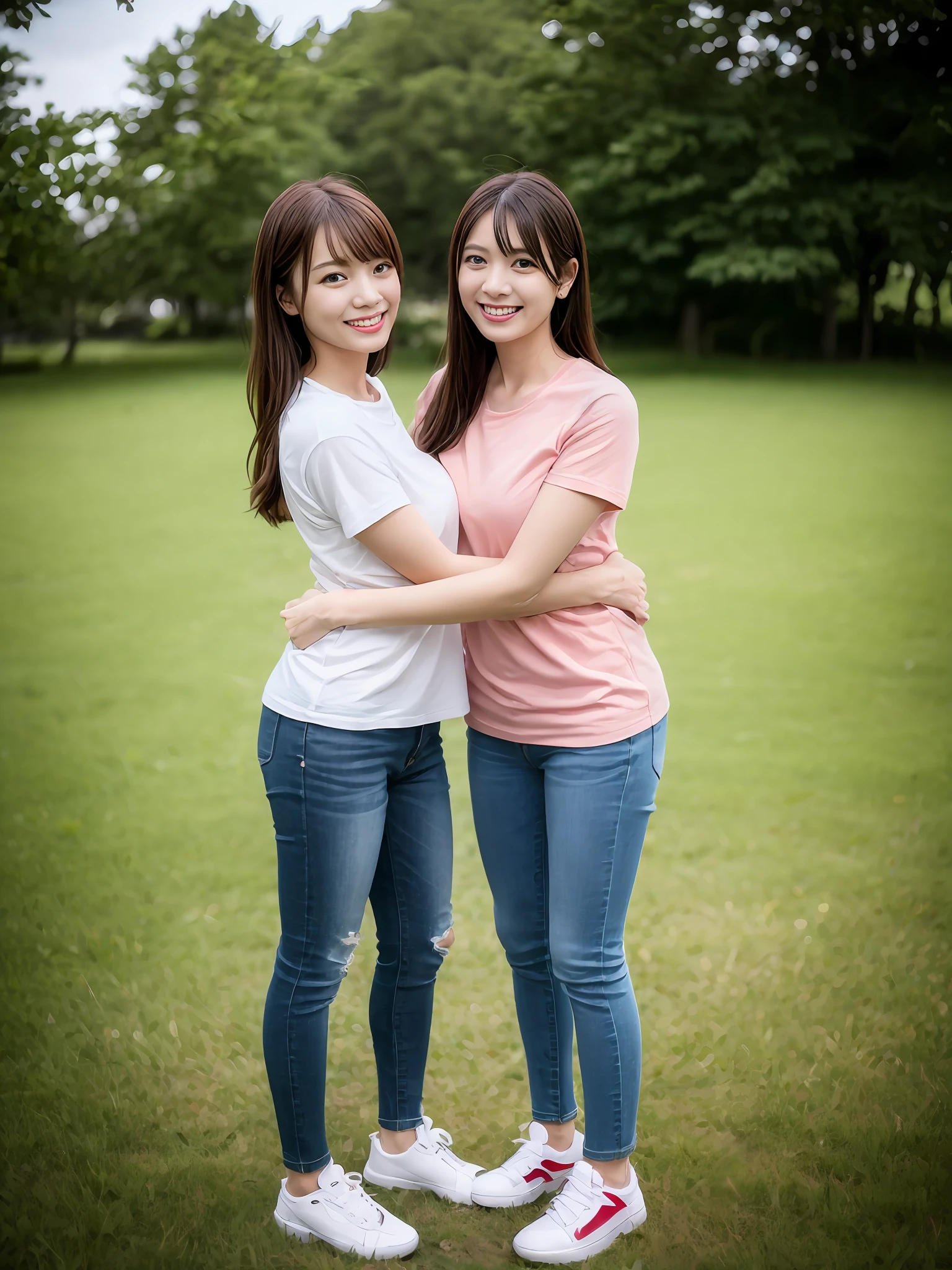 (超高分辨率,RAW photogr,realisticlying,tmasterpiece,best qualtiy:1.4),Complicated details,2 20 year old Korean girl,Wear a loose black T-shirt and skinny jeans,Stand on the grass and take pictures,hugs,Intimate relationships,Detailed meadow,A sweet smile on a small face,Ultra-realistic facial details,The face and skin are pink and white, and luminous,Playful and coquettish pose,The calves are straight and slender:1.2,Wear high-end brand sneakers:1.0,eventide:0.3,Broad lighting,naturalshadow:1.0,超高分辨率,taking a full body photo:1.8 --auto