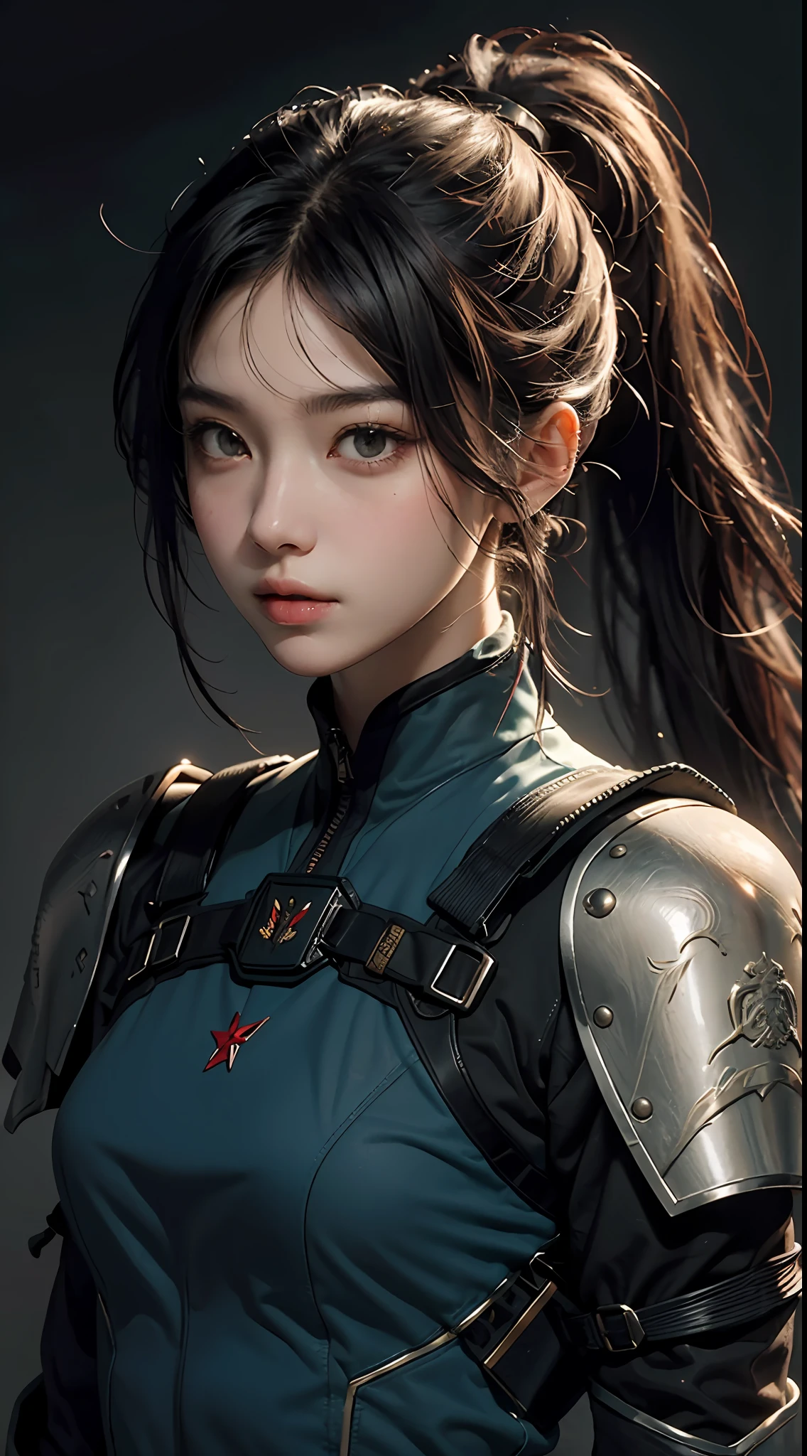 Highest image quality，Outstanding details，超高分辨率，（Fidelity：1.4），The best illustration，Favor the details，Female special forces，He has a delicate and beautiful face，Heavy body armor，Black high ponytail，Background desert