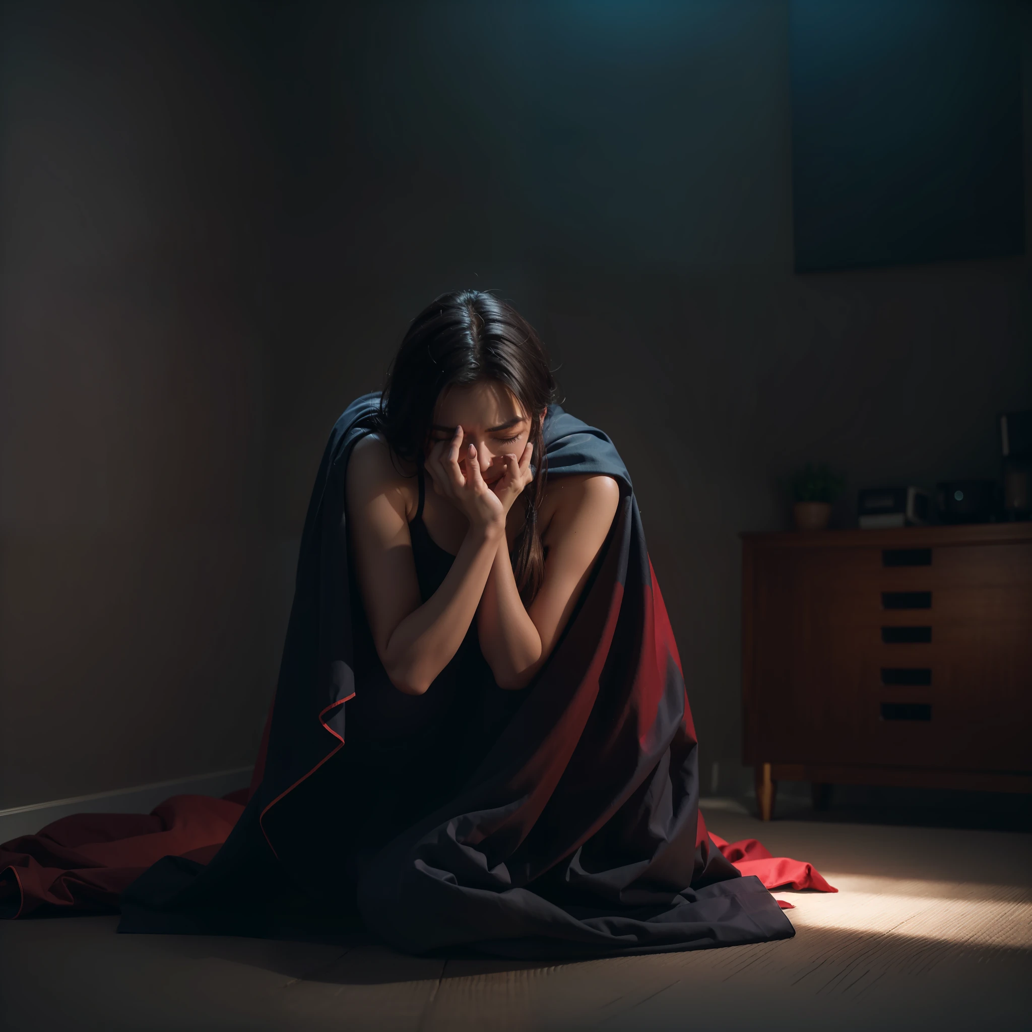 (A terrified woman closing her eyes with a cloth while crouching in the corner of a room), (woman, terrified, cloth, crouching, corner, room, ultra-wide shot, night time,Perfect coloring backgrounds, Epic Cinematic Backgrounds, full body, highly detailed, Perfect composition, optimization colors Palette, color blasting, illuminated lighting blasting, proportions sharpness and shades, illuminated nature lighting, optimization dark and Bright color combinations, perfectly Thin and bold line combination, optimization color effects, masterpiece, dark, best quality, 4k, sharp focus, perfect anatomy, centered.)