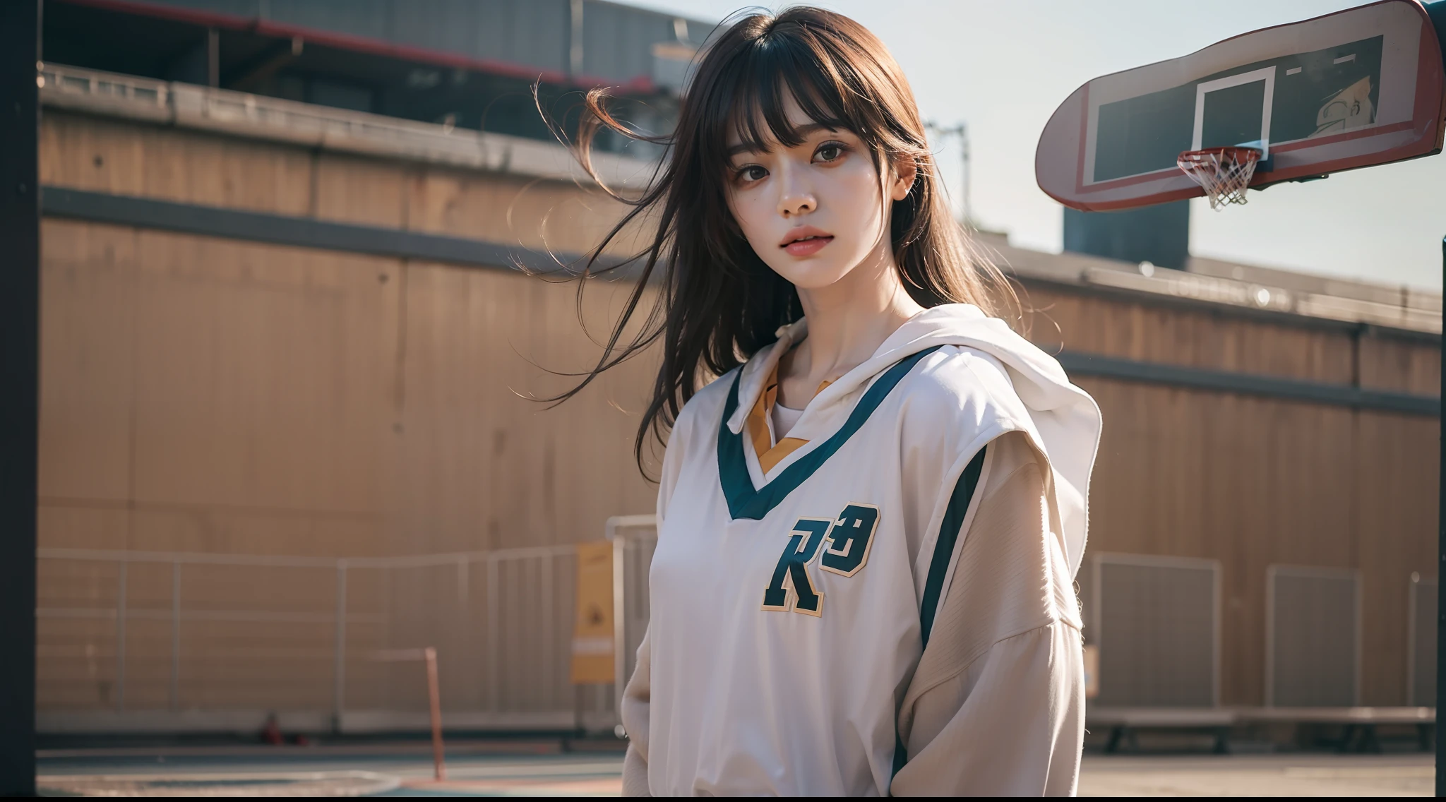 (8k, Best Quality, Masterpiece: 1.2), (Realistic, Realistic: 1.37), Ultra Detailed, Best Quality, Ultra High Resolution, Professional Lighting, Photon Mapping, Radiosity, Physically Based Rendering, Cinematic Lighting, Basketball court, depth of field, clear focus, sunlight, good composition, (bokeh: 1.2) 1girl, solo, (full body), (closed mouth), beautiful and detailed eyes, pose, narrow waist, basketball uniform, black hair , messy hair, long hair blowing in the wind, (ulzzang-6500:1.2) mix4, hiqcgbody