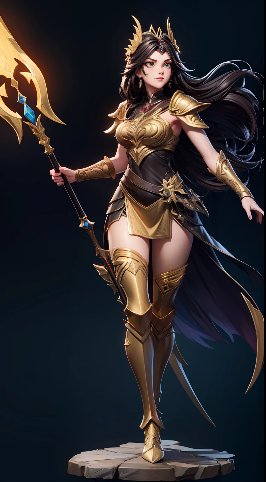 solo, super fine photo, full body photo picture Unreal Engine 5 8K UHD, beautiful girl, black and dark red long hair, dark gold armor with high details, goddess of war, wielding a golden spear with gold energy streams, fantasy theme, fantasy design, beautiful make up, best quality, masterpiece, unified 8k wallpaper, super detailed, sharp focus.