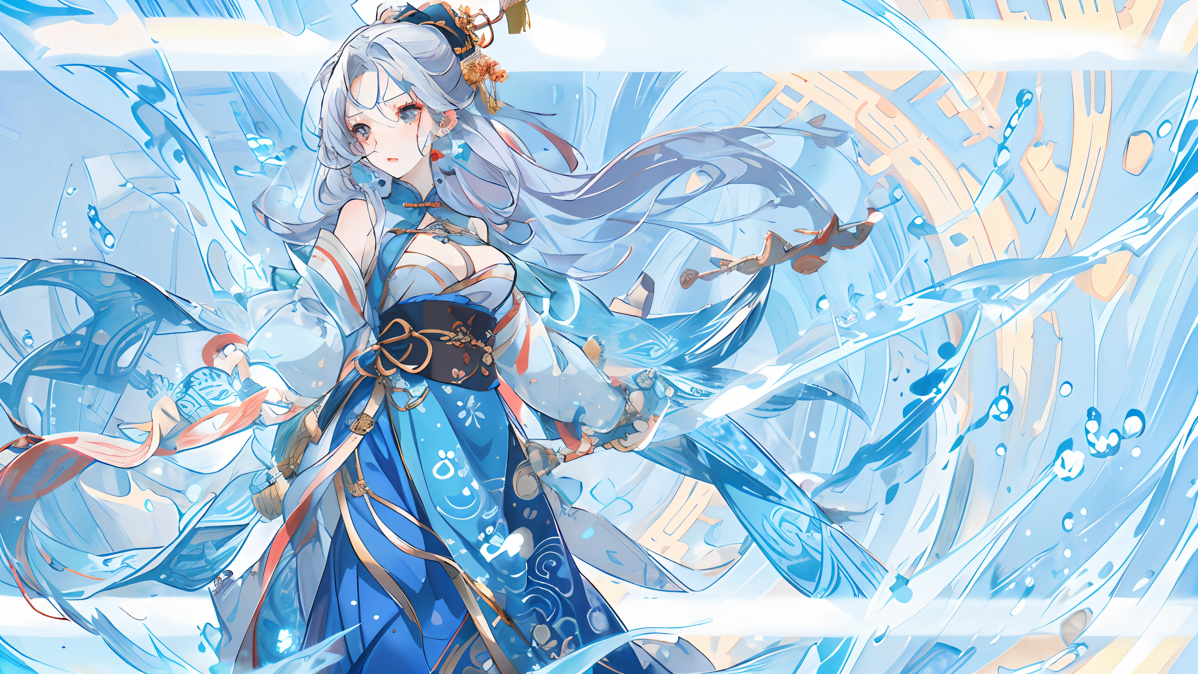 Exquisite facial features，Nice face，best qualtiy，tmasterpiece，ultra - detailed，swell sea，Buble，water flowing，one-girl，White color hair，blue skirts， Ancient Chinese clothing，National style background， 超高分辨率， 1girll， adolable，Raised sexy，Exposed flesh，seductiv， boobs exposed， childish looks， Kawaii face， Detailed skins，， Chinese ancient style， full bodyesbian， Slim，