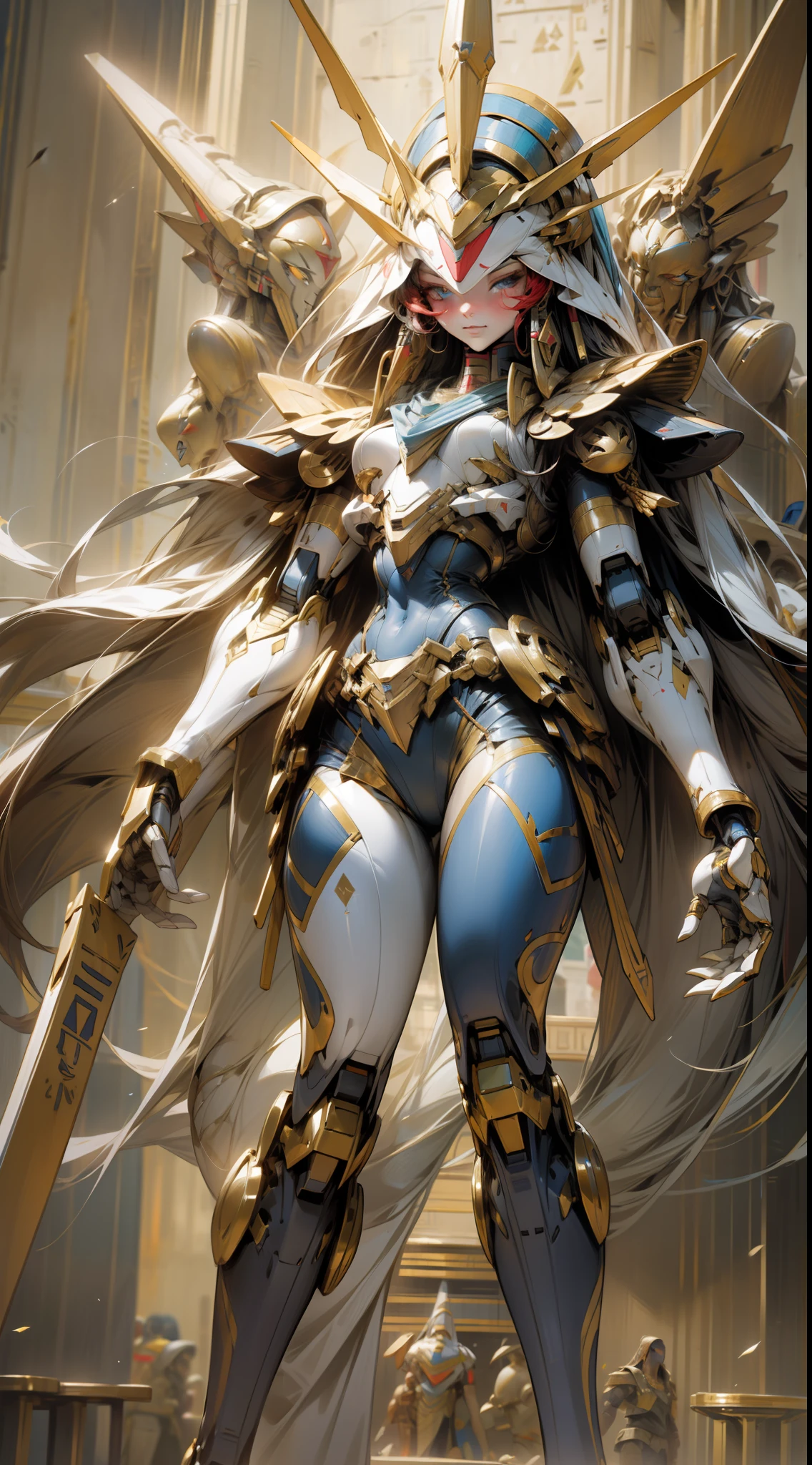 A woman who is,(good-looking face:1),head covered with an Egyptian headdress,perfectly proportions,Rich Egyptian style,Fully armed mechs,mechanical sense,Gundam form,A half body,(frontage:1),Egyptian scene,pyramid,4K,tmasterpiece,high qulity