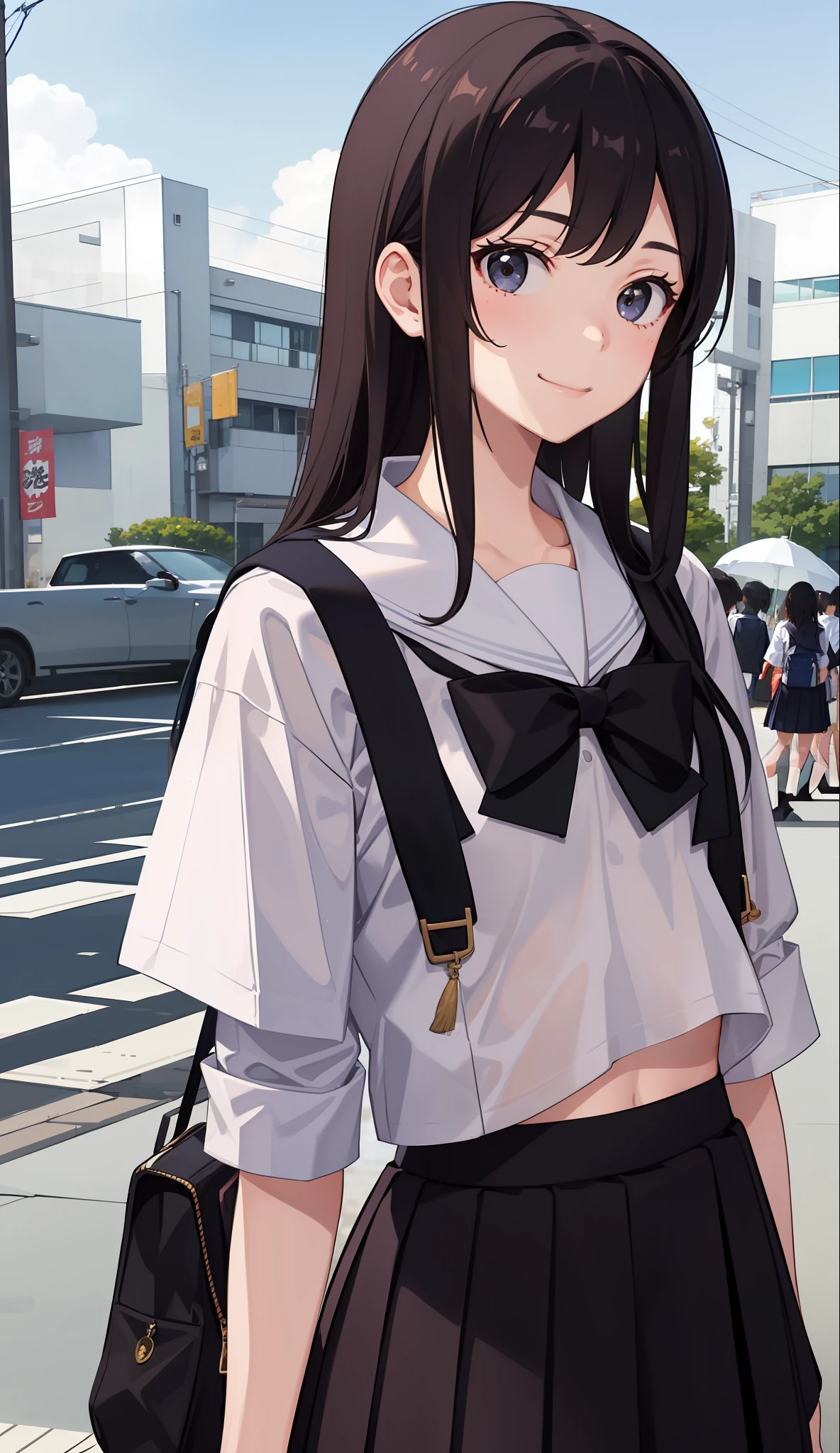 1girl in、a smile、The shirt、skirt by the、(small tits)Chilarism、Japan High School Student Uniform、serafuku、summer clothing、Squall-soaked uniform、Sheer bra、(Upper body portrait)、