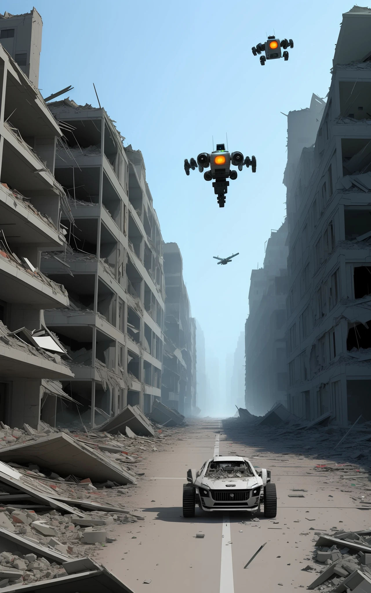 Robots taking over the world in a real scenario, wrecked, Buildings collapsing, humanos correndo