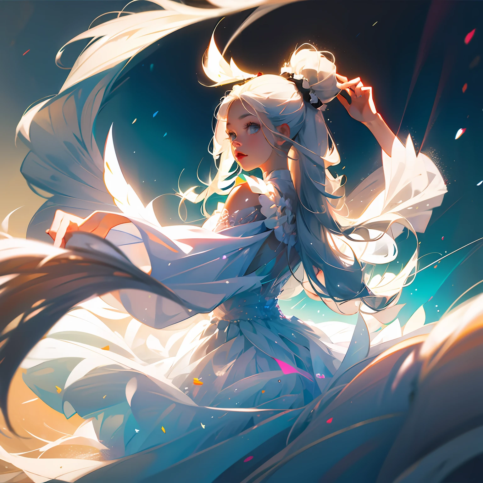 angelicales,teens girl,long whitr hair,white scrunchie,white skirt,White feathered wings,largeeyes,long eyelasher,Realisticstyle,Real Human
