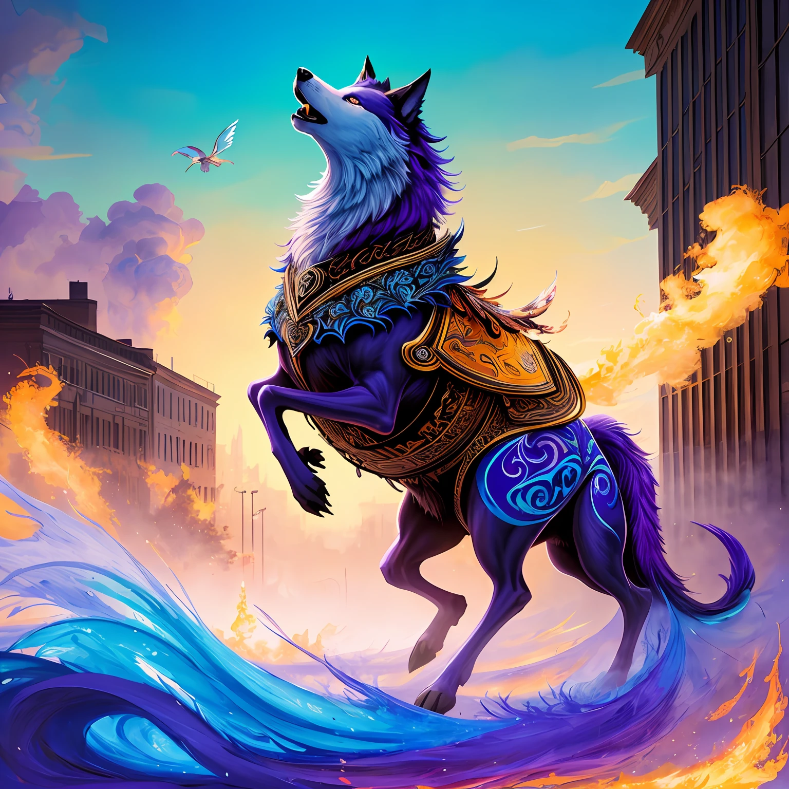extremely stressed anime wolf, drinking coffee in a building on fire in the background, masterful playing card border, random Colorful art, oil painting, blue yellow colors, light purple and violet additions, light red additions, intricate detail, splash screen, 8k resolution, masterpiece, artstation digital painting smooth veryBlack ink flow: 8k resolution photorealistic masterpiece: intricately detailed fluid gouache painting: by Jean Baptiste Mongue: calligraphy: acrylic: watercolor art, professional photography, natural lighting, volumetric lighting maximalist photoillustration: by marton bobzert:, complex, elegant, expansive, fantastical, vibrant