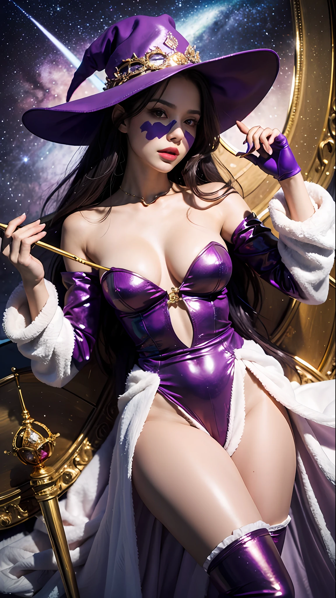 1girll, sorceress woman,red pupils,Gorgeous Hair in Long Purple,flowy,crisp breasts,Toned Thighs,Red tattoo on the thigh,Purple wizard hat,Golden decoration,Purple bandeau dress,Golden decoration,White long-sleeved gloves,White lace knee-length boots,Surrounded by purple tulle,He held a ruby encrusted wand in his hand,starrysky,kosmos,magicle world,Detailed background,Clothing details,perfectly proportioned, Cinematic lighting, filmgrain, Fuji colors, lightand shade contrast, 8K, 巨作, Textured skin, Super detail, high detal, high qulity, A high resolution,