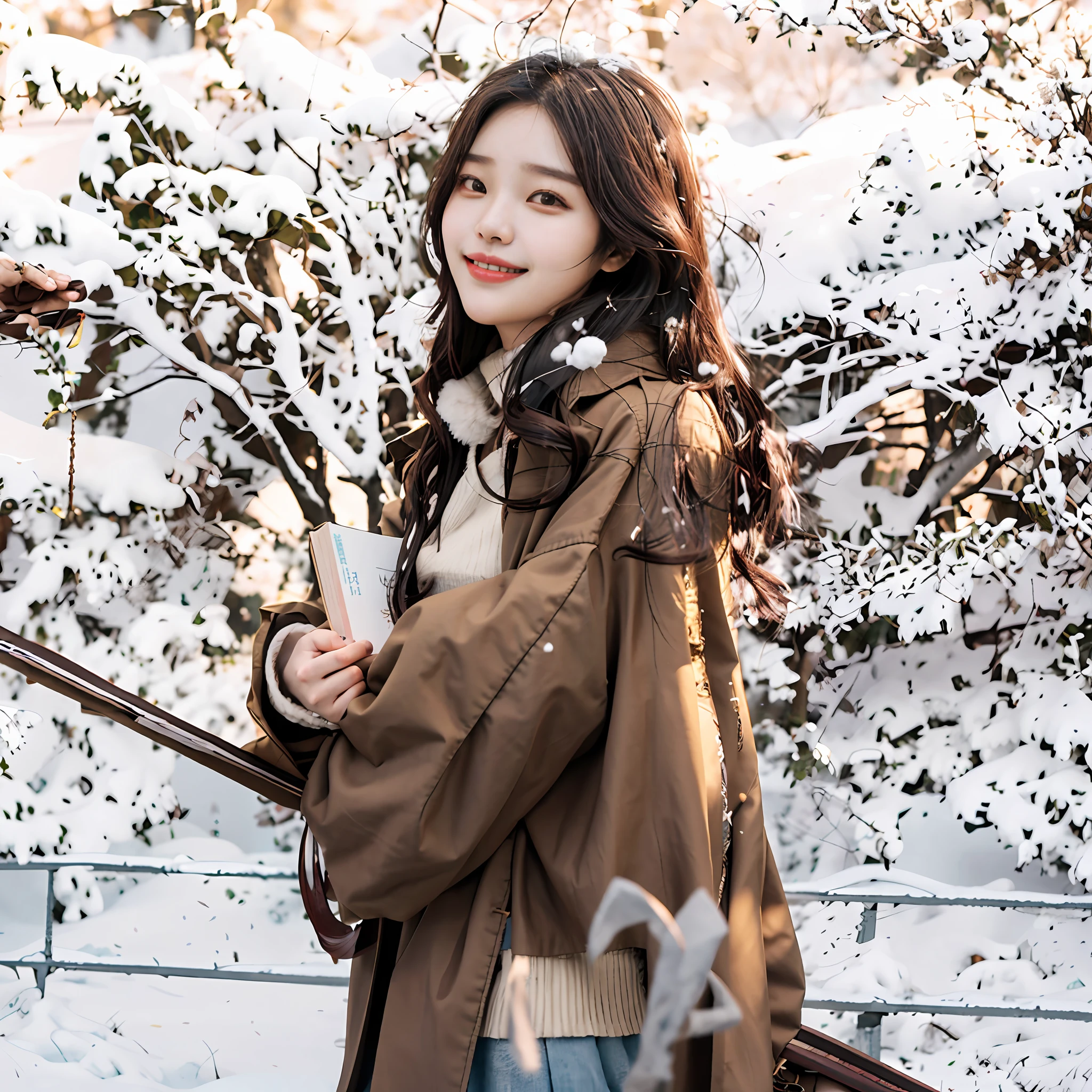 An Alafi woman in a brown coat holds a book and smiles, jaeyeon nam, Lee Ji-eun, lee ji eun, bae suzy, krystal, Choi Hyun-hwa, inspirado por Kim Jeong-hui, park jimin, ulzzangs, sangsoo jeong, hwang se - on, Shin Jinying, sun yunjoo