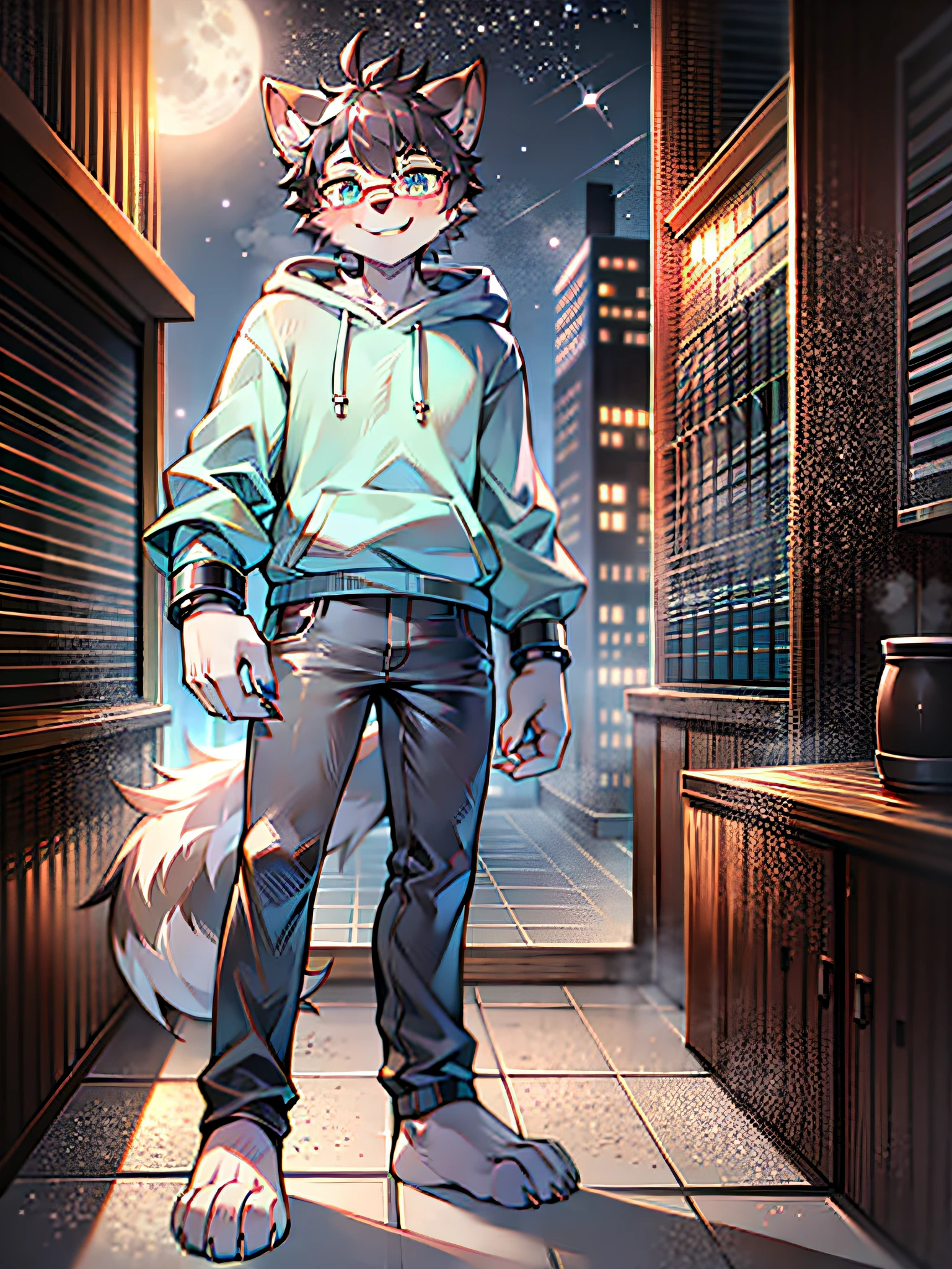 High Picture Quality,Modern city penthouse,potted,Night moon background,Single player,Wolf animal human form,No spot,male figure,Full body standing painting,Cute face,short detailed hair,Dark gray fur,Square frame rounded glasses,Wolf ears,Light gray ear roots,Light red ear tips,The right ear has a notch,Deep blue pupils,Hairy wolf tail,Deep gray tail root,White tail tip,Dark gray big arm,White forearm,Hands naturally droop,The limbs are wolf paws,4 white fingers,4 white toes,Look to the left,Happy expression,Height 1.92 meters,Sky blue hoodie,The cuffs roll up to reveal the big arms,Scratches on the left upper arm are exposed,black long pants,stand posture。
