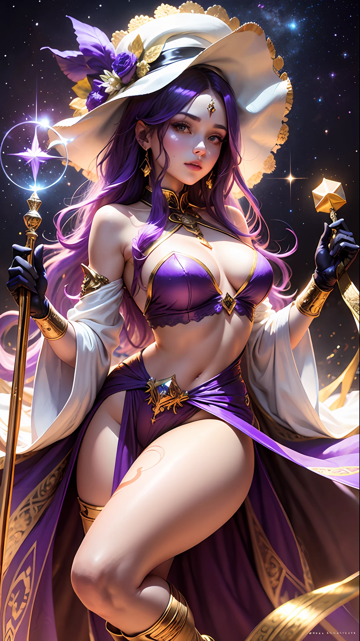 1girll, sorceress woman，red pupils，Gorgeous Hair in Long Purple，flowy，crisp breasts，Toned Thighs，Red tattoo on the thigh，Purple wizard hat，Golden decoration，Purple bandeau dress，Golden decoration，White long-sleeved gloves，White lace knee-length boots，Surrounded by purple tulle，He held a ruby encrusted wand in his hand，starrysky，kosmos，magicle world，Detailed background，Clothing details，perfectly proportioned, Cinematic lighting, filmgrain, Fuji colors, lightand shade contrast, 8K, 巨作, Textured skin, Super detail, high detal, high qulity, A high resolution,