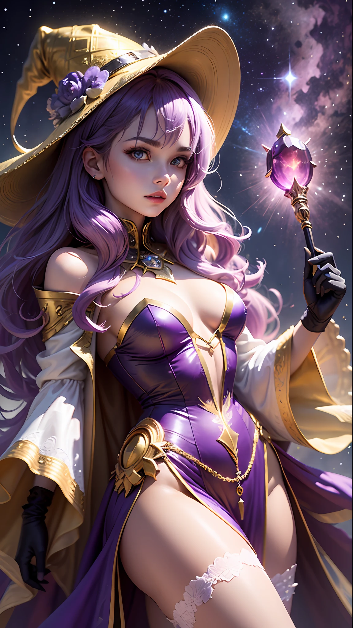 1girll, sorceress woman，red pupils，Gorgeous Hair in Long Purple，flowy，crisp breasts，Toned Thighs，Red tattoo on the thigh，Purple wizard hat，Golden decoration，Purple bandeau dress，Golden decoration，White long-sleeved gloves，White lace knee-length boots，Surrounded by purple tulle，He held a ruby encrusted wand in his hand，starrysky，kosmos，magicle world，Detailed background，Clothing details，perfectly proportioned, Cinematic lighting, filmgrain, Fuji colors, lightand shade contrast, 8K, 巨作, Textured skin, Super detail, high detal, high qulity, A high resolution,