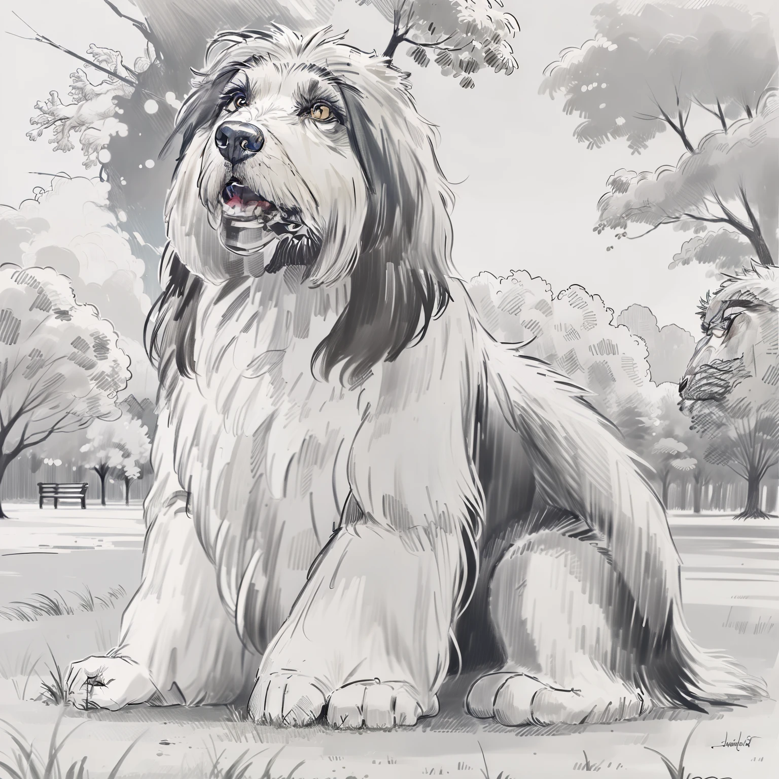 Cartoon Design, figura con contorno sin relleno, monocromatic, apto para colorear, representando a un perro de raza Bearded Collie, jugando muy feliz en un parque. Con fondo color blanco.