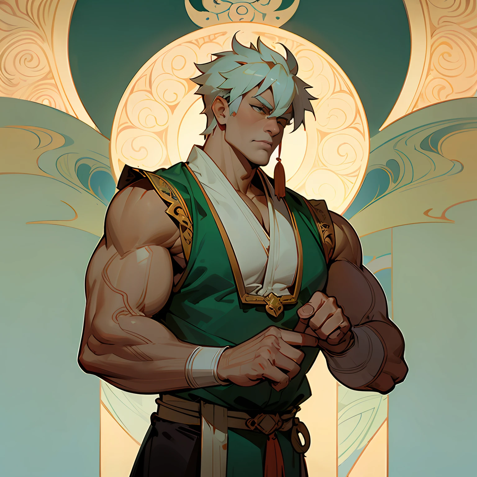 Highest accuracy，Dunhuang-style muscle man，with short white hair，juvenile sense，The sense of sacredness，Background details are exquisite，Intricate decoration，Dunhuang style，Artistic sense，Mucha style