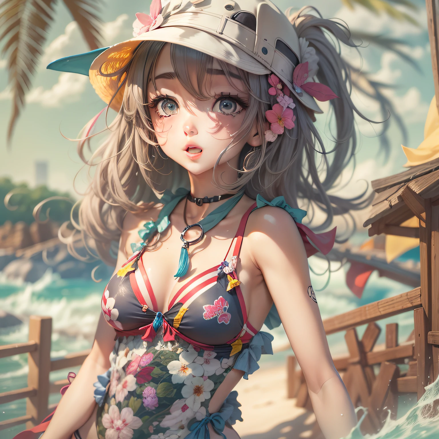 An anime girl in a sexy bikini, super cute, hyper detailed.