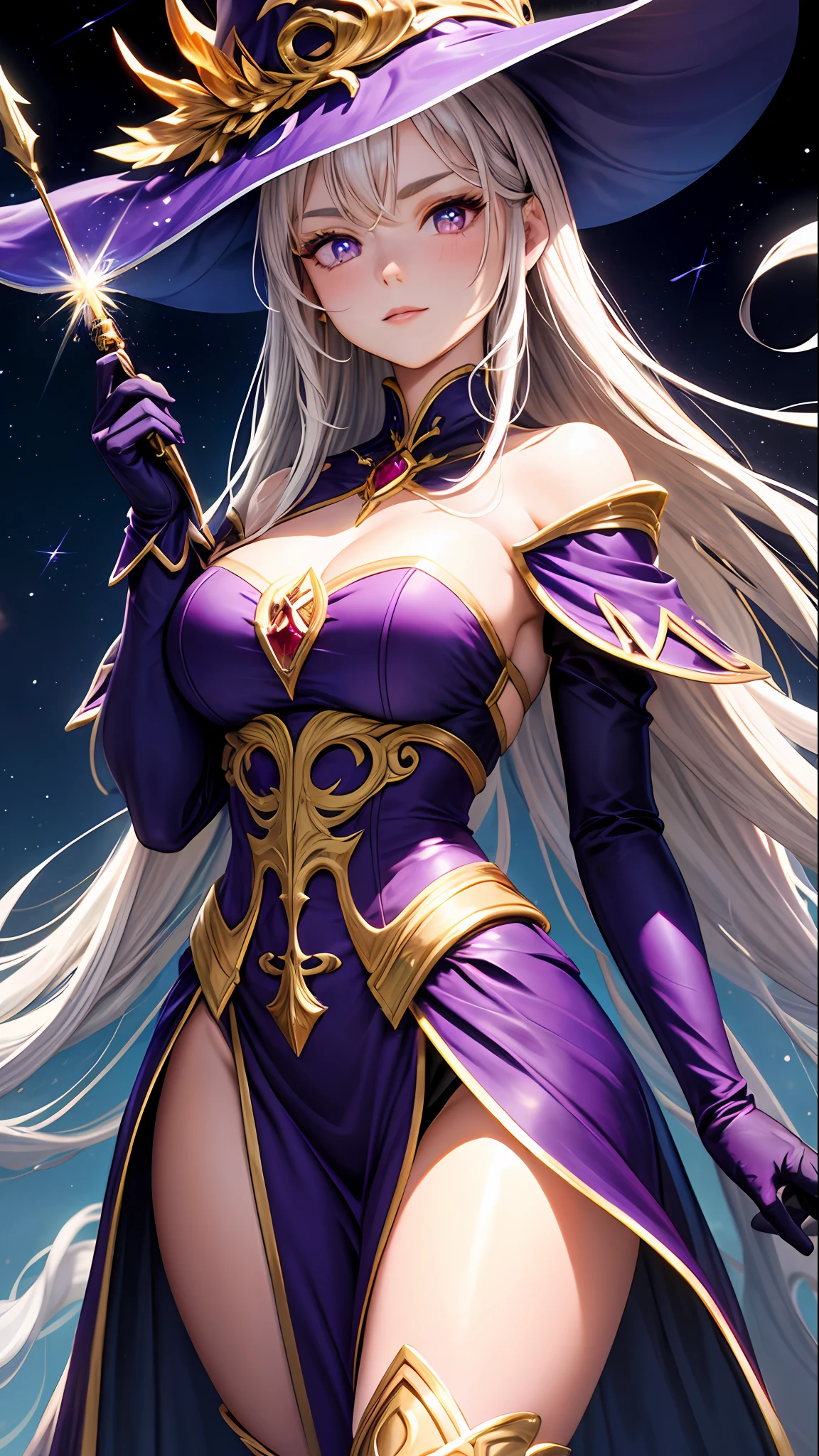 1girll, sorceress woman,red pupils,Gorgeous Hair in Long Purple,flowy,crisp breasts,Toned Thighs,Red tattoo on the thigh,Purple wizard hat,Golden decoration,Purple bandeau dress,Golden decoration,White long-sleeved gloves,White lace knee-length boots,Surrounded by purple tulle,He held a ruby encrusted wand in his hand,starrysky,kosmos,magicle world,Detailed background,Clothing details,perfectly proportioned, Cinematic lighting, filmgrain, Fuji colors, lightand shade contrast, 8K, 巨作, Textured skin, Super detail, high detal, high qulity, A high resolution,