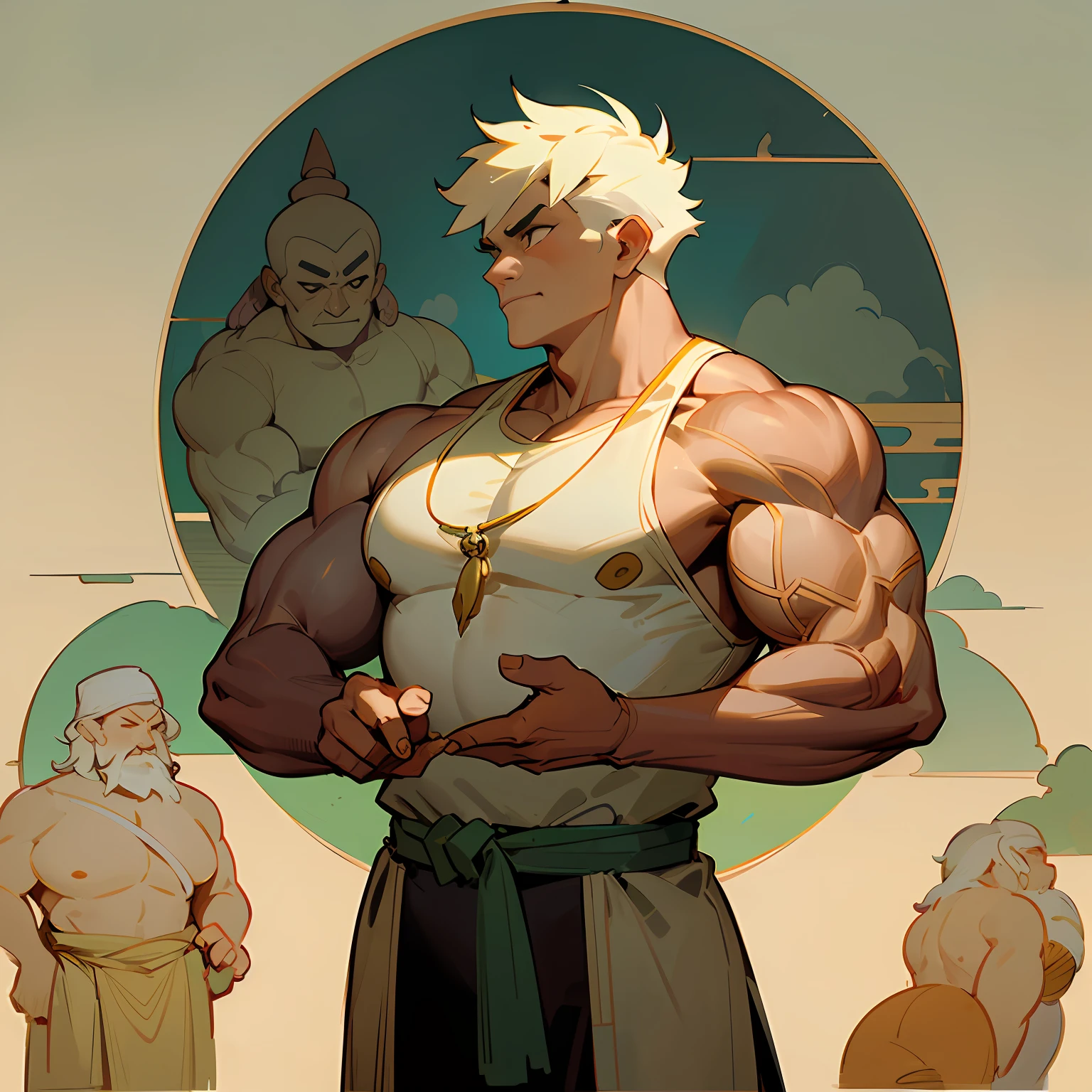 Highest accuracy，Dunhuang-style muscle man，with short white hair，juvenile sense，The sense of sacredness，Background details are exquisite，Intricate decoration，Dunhuang style，Artistic sense，Mucha style