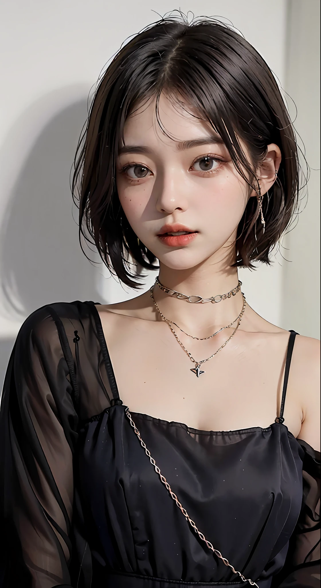 ((natta))、((top-quality、​masterpiece:1.3))、sharp:1.2、Perfect Body Beauty:1.4、natta、((Layered hairstyle))、(Black Dress:1.1)、(darkened room:1.2)、(chains:1.3)、Highly detailed facial and skin texture、Detailed eye、二重まぶた、((short-length hair))、boyish、Cool、((unisex))、(chain)、big eye、Necklaces、bangss、((One Woman))、Black eyes、A bracelet、耳Nipple Ring、a choker、Ring、(Chain Accessories:1.2)、The upper part of the body、