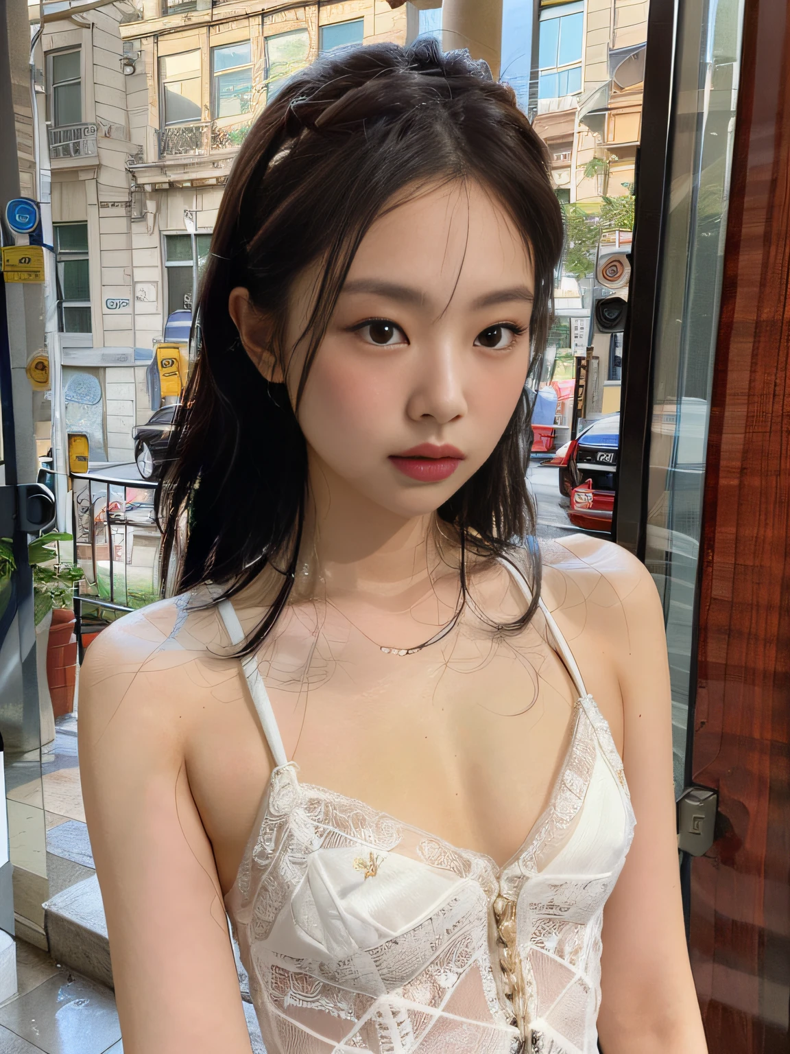 (1girl:1.3), solo, __body-parts__, Kim Ji-ni Jennie face, wearing a white slip dress, cute