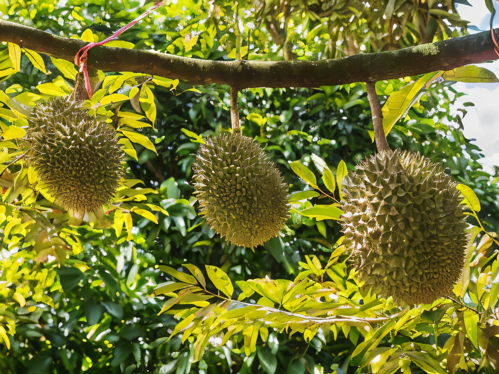 Three durian fruits hang from the branches, tropical fruit, garden with fruits on trees, Huge thorns, exclusive, Exotic trees, with fruit trees, kuntilanak on tree, jungle fruit, Sharp thorns, highly complex, fruit trees, Uptrend ,, in a tropical forest, beautiful fine sky, 278122496