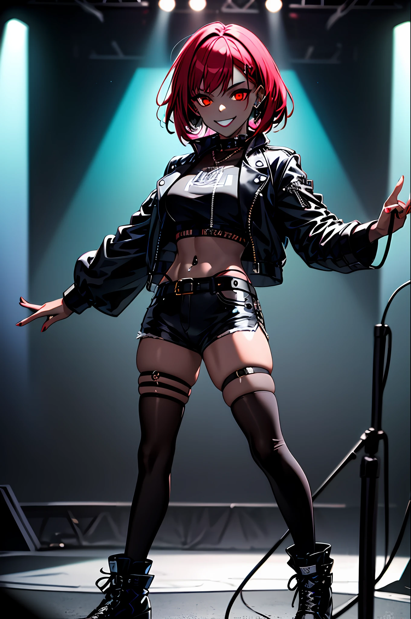 ((mulher negra)), cabelho punk,cabelo rosa moicano ,roupa punk,bota preta ,sorrindo,fundo de um palco vermelho,estilo vampiro,cabelo azul,