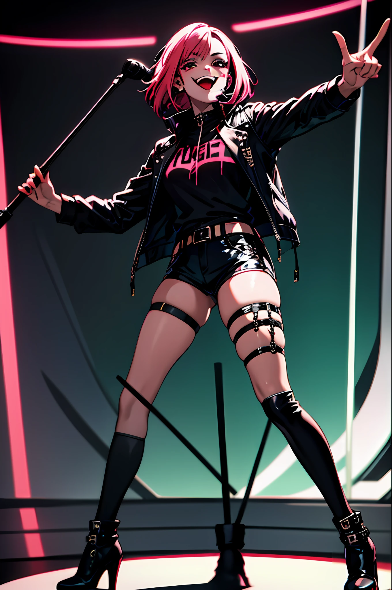 ((mulher negra)), cabelho punk,cabelo rosa moicano ,roupa punk,bota preta ,sorrindo,fundo de um palco vermelho,estilo vampiro,cabelo azul,