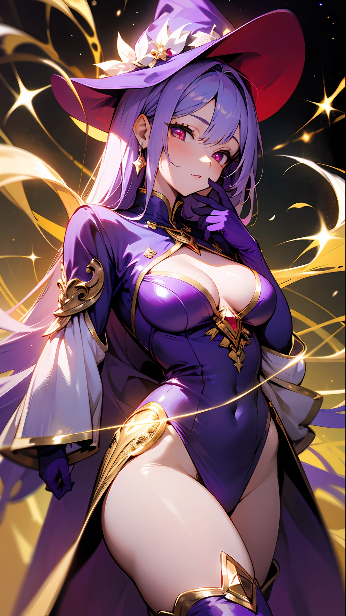 1girll, sorceress woman,red pupils,Gorgeous Hair in Long Purple,flowy,crisp breasts,Toned Thighs,Red tattoo on the thigh,Purple wizard hat,Golden decoration,Purple bandeau dress,Golden decoration,White long-sleeved gloves,White lace knee-length boots,Surrounded by purple tulle,He held a ruby encrusted wand in his hand,starrysky,kosmos,magicle world,Detailed background,Clothing details,perfectly proportioned, Cinematic lighting, filmgrain, Fuji colors, lightand shade contrast, 8K, 巨作, Textured skin, Super detail, high detal, high qulity, A high resolution,