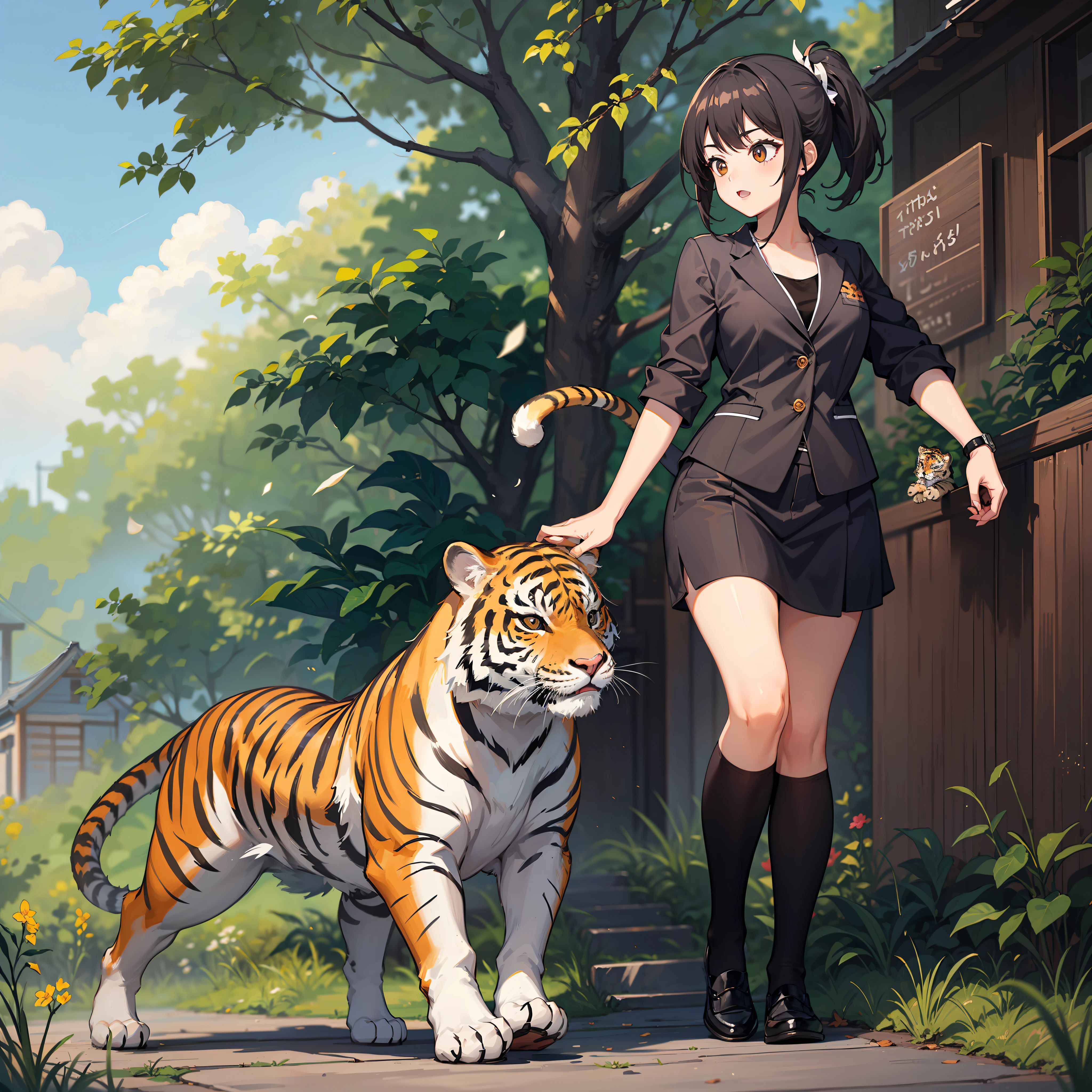 Cute Kung-fu girl and mini chubby tiger cub , funny walk together