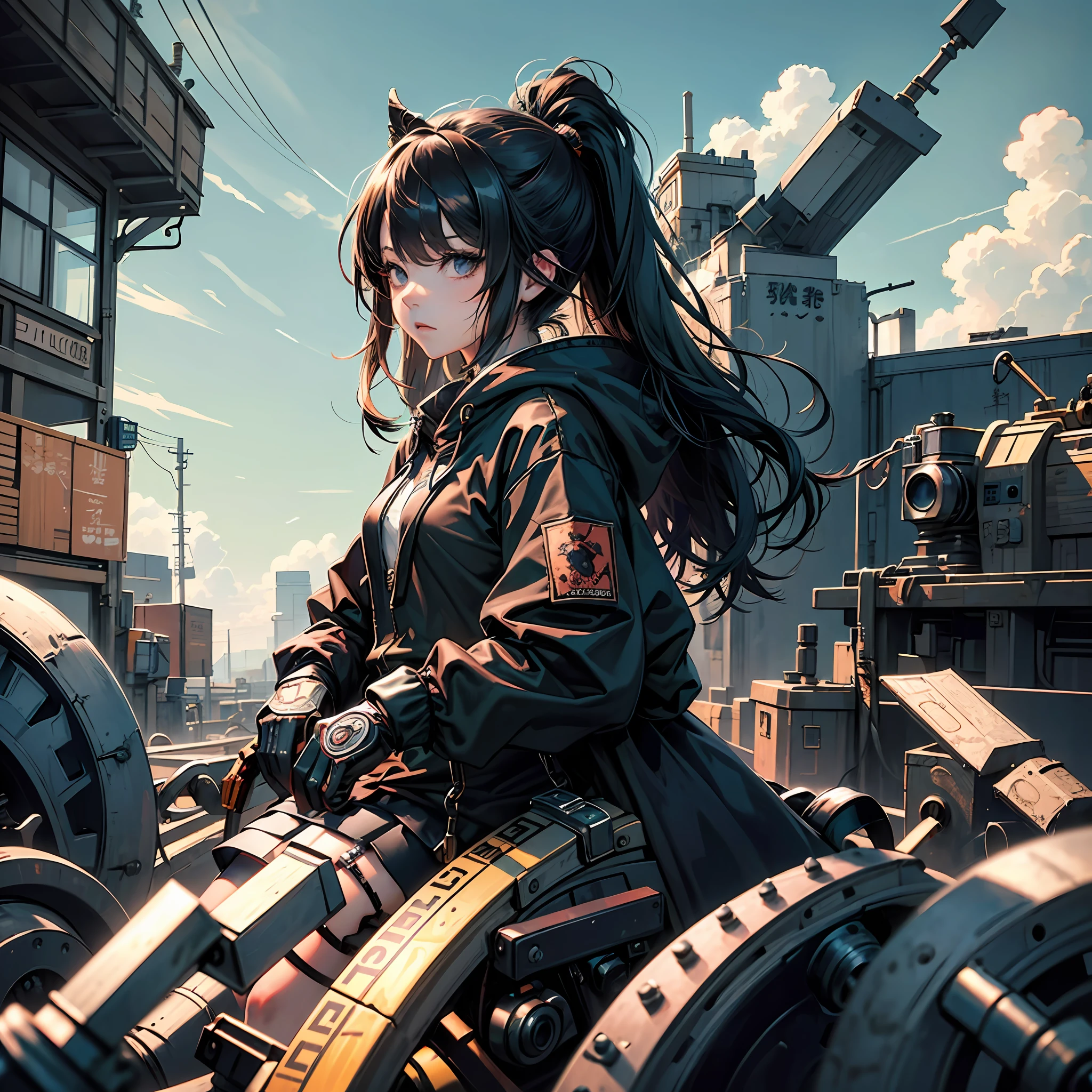 masterpiece, top-quality, ultra-detailliert, illustratio, 1girl in, 独奏, furutani_himawari, Dark hair, brown-eyed, , Animated Screencaps, a cool,poneyTail ,Black hoodie 、Gothic ta --auto