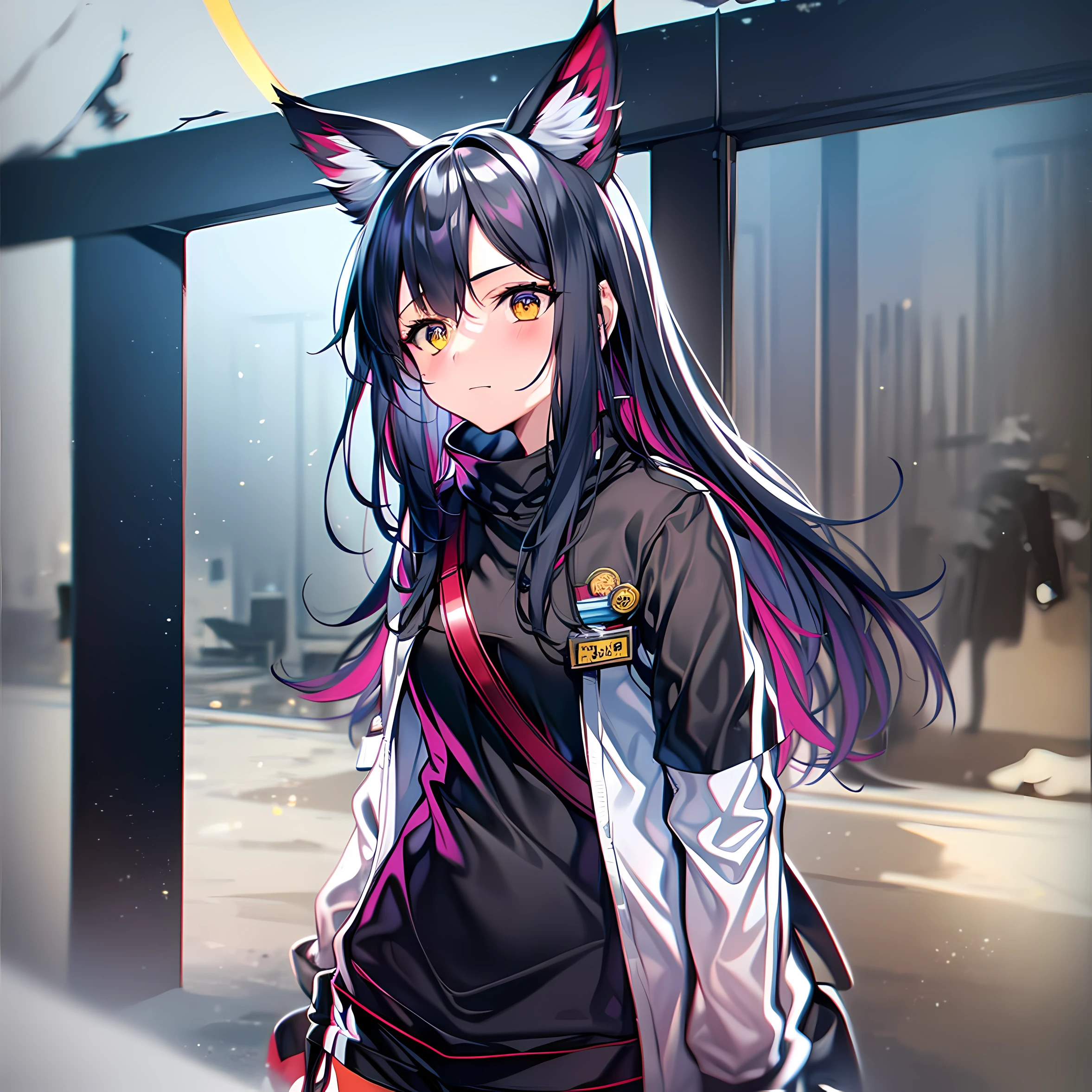 1girl, animal ears, dark hair, medium hair, arknights, intricate details, black shorts, sneakers, street, white jacket, yellow katana, badge