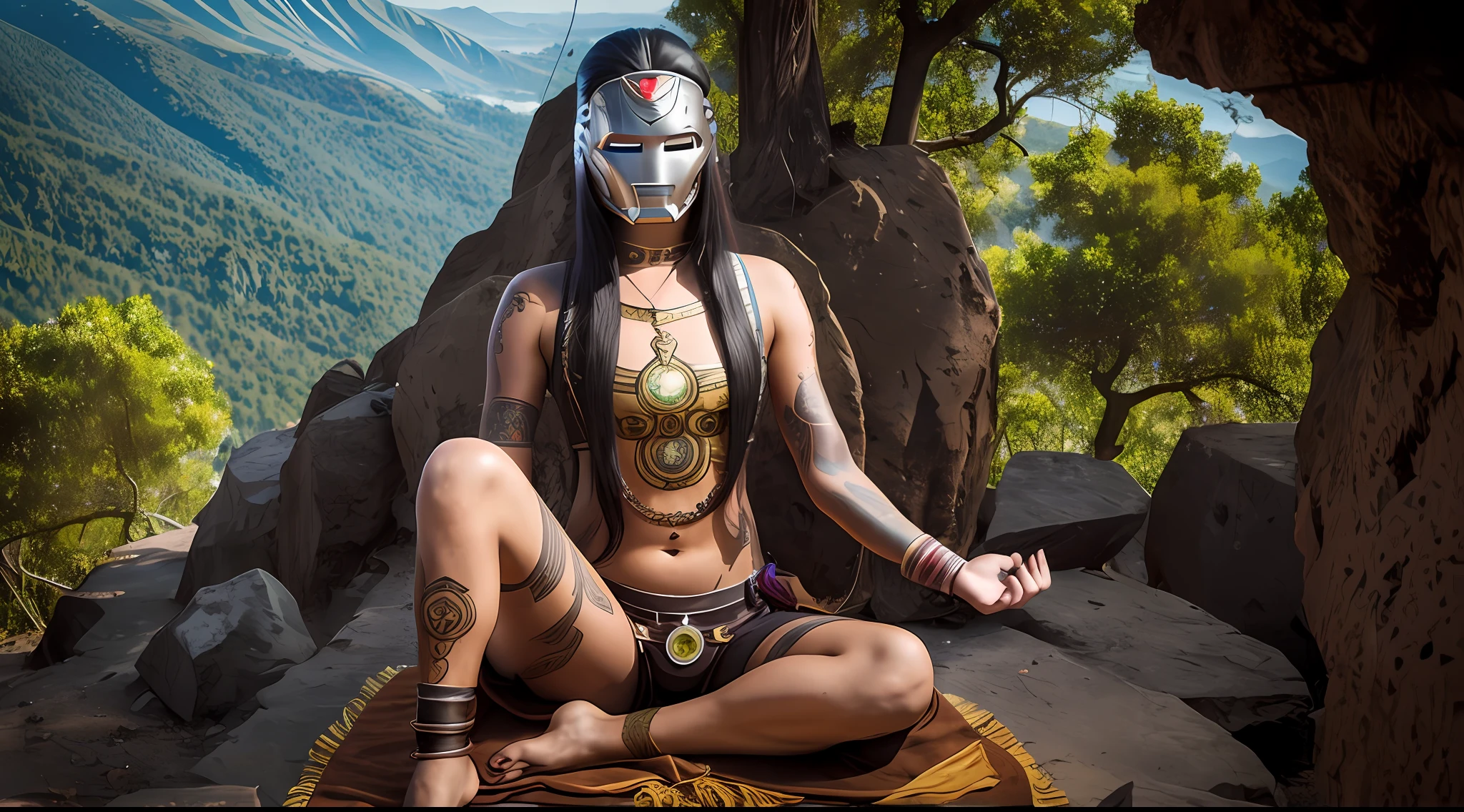 Young tantric priestess with percings tattoos and an ironman mask on her body meditating on a mountain --auto