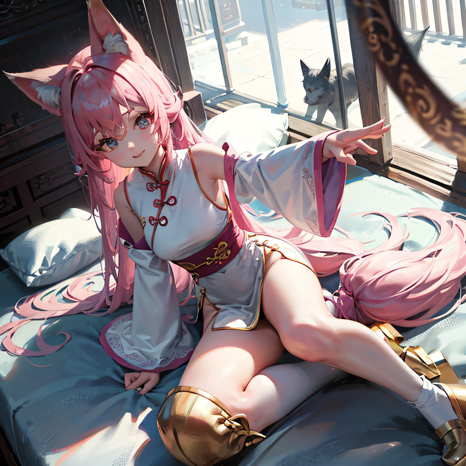 Pink Long Hair、3D girl、fox ear、fox tails、16:9、on cheongsam、Ancient wind、adolable、Height 165、background whites --auto