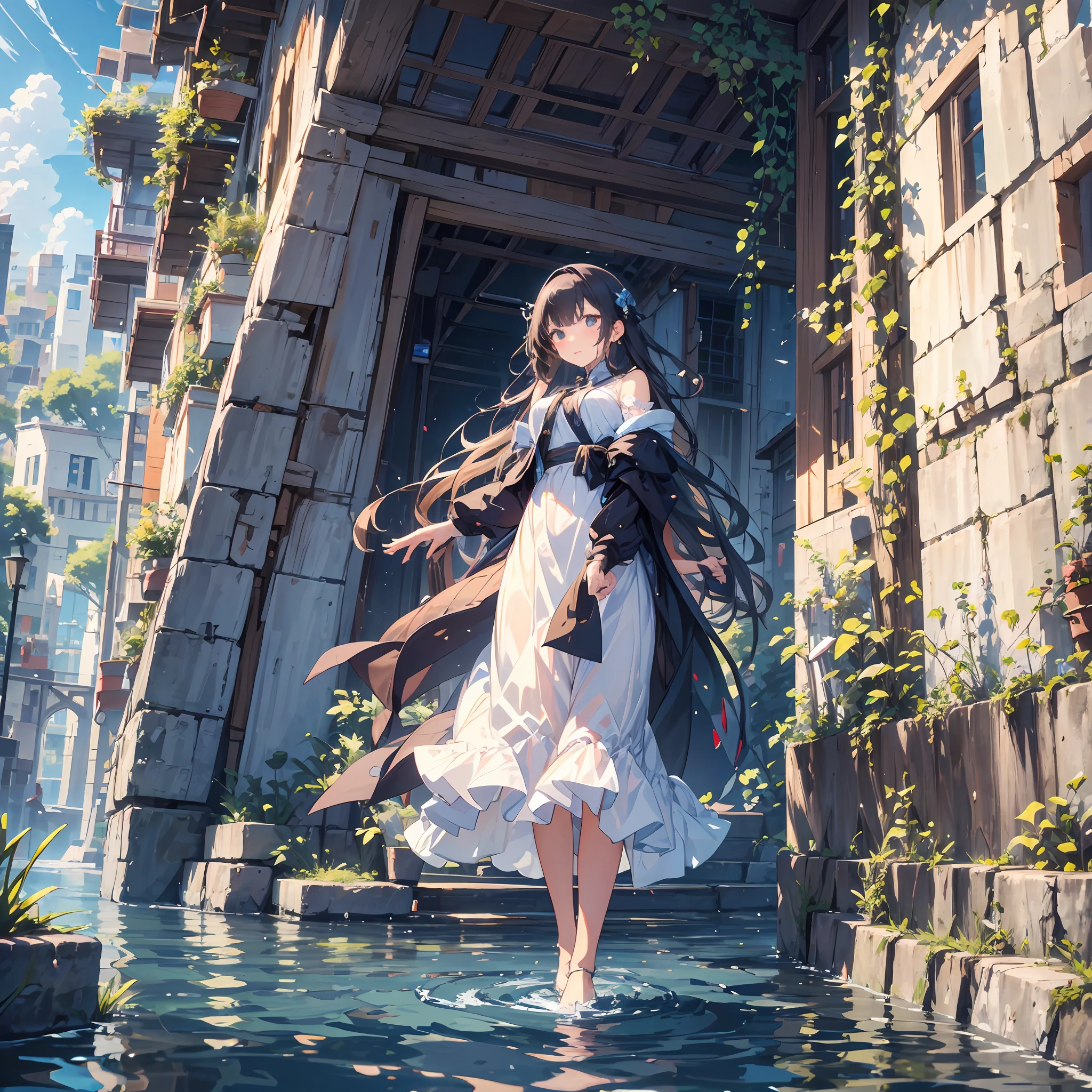 1girll,best qualtiy，8K，s the perfect face，Walk on the water，Storytelling images，