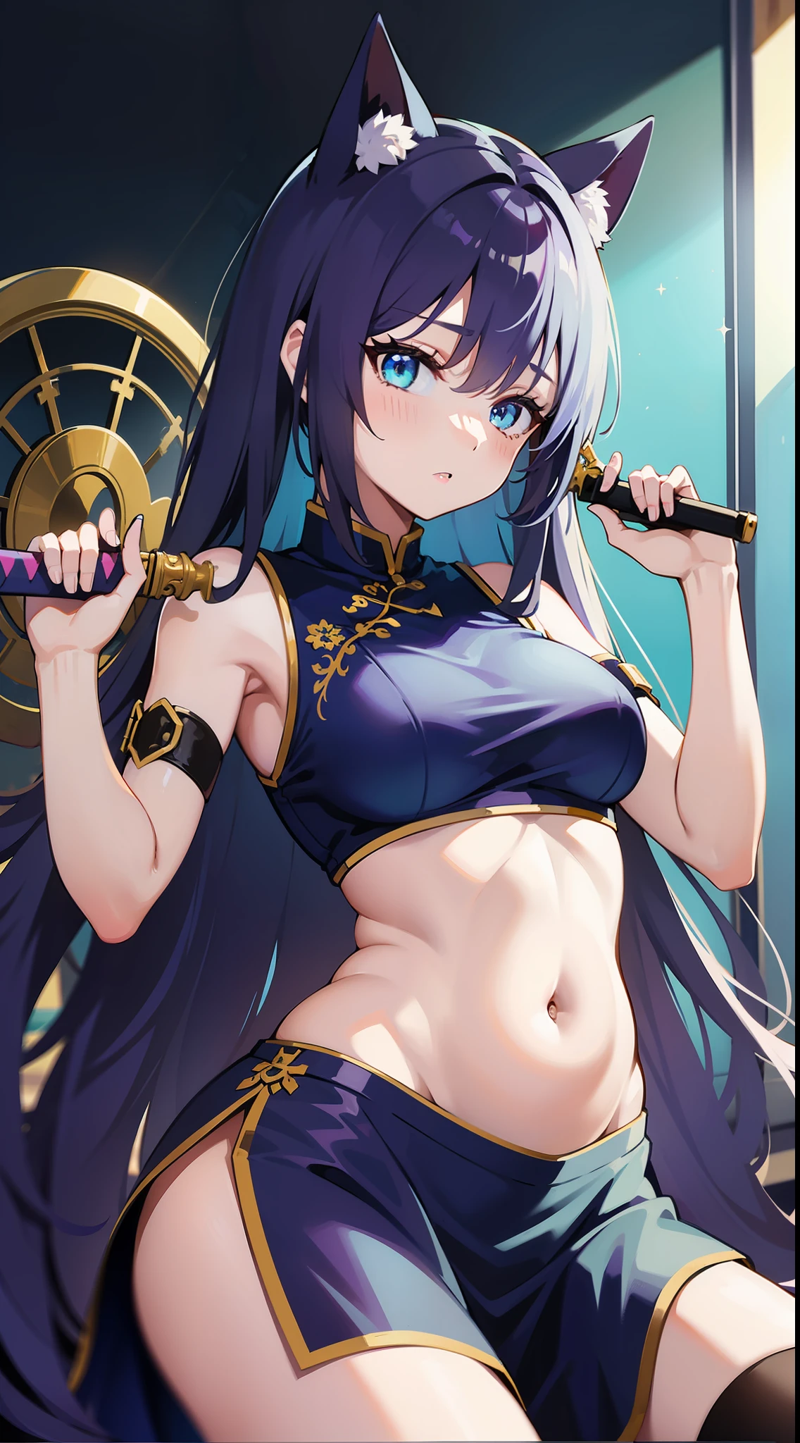 Young girl, Long purple hair, Cyan eyes, Chinese dress, sleeveless, open belly, underboob, skirt, sword, Masterpiece, hiquality