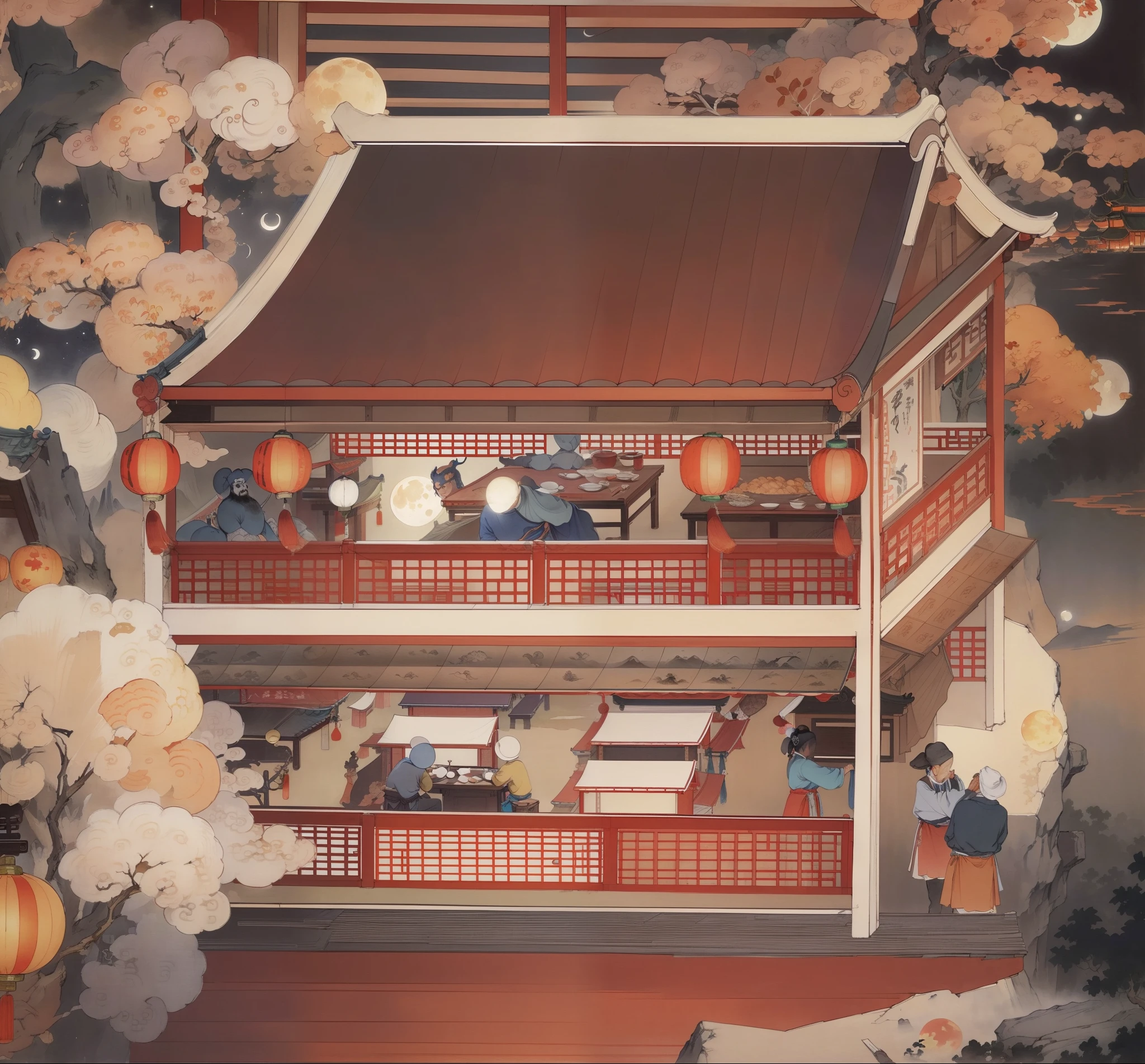 Ancient Chinese landscapes,Ancient buildings,Pavilions,Carved beams and paintings,enchanting scenery,Night,Moon light,Layered, Rich light and shadow,Mid-Autumn Festival, Ink painting style,clean color,Low-saturation colors,Colors of low brightness,Decisive cut,Leave white space,impressionistic,tmasterpiece,ultra - detailed,Epic composition, HighestQuali,hyper realisitc,Art germ --v 6