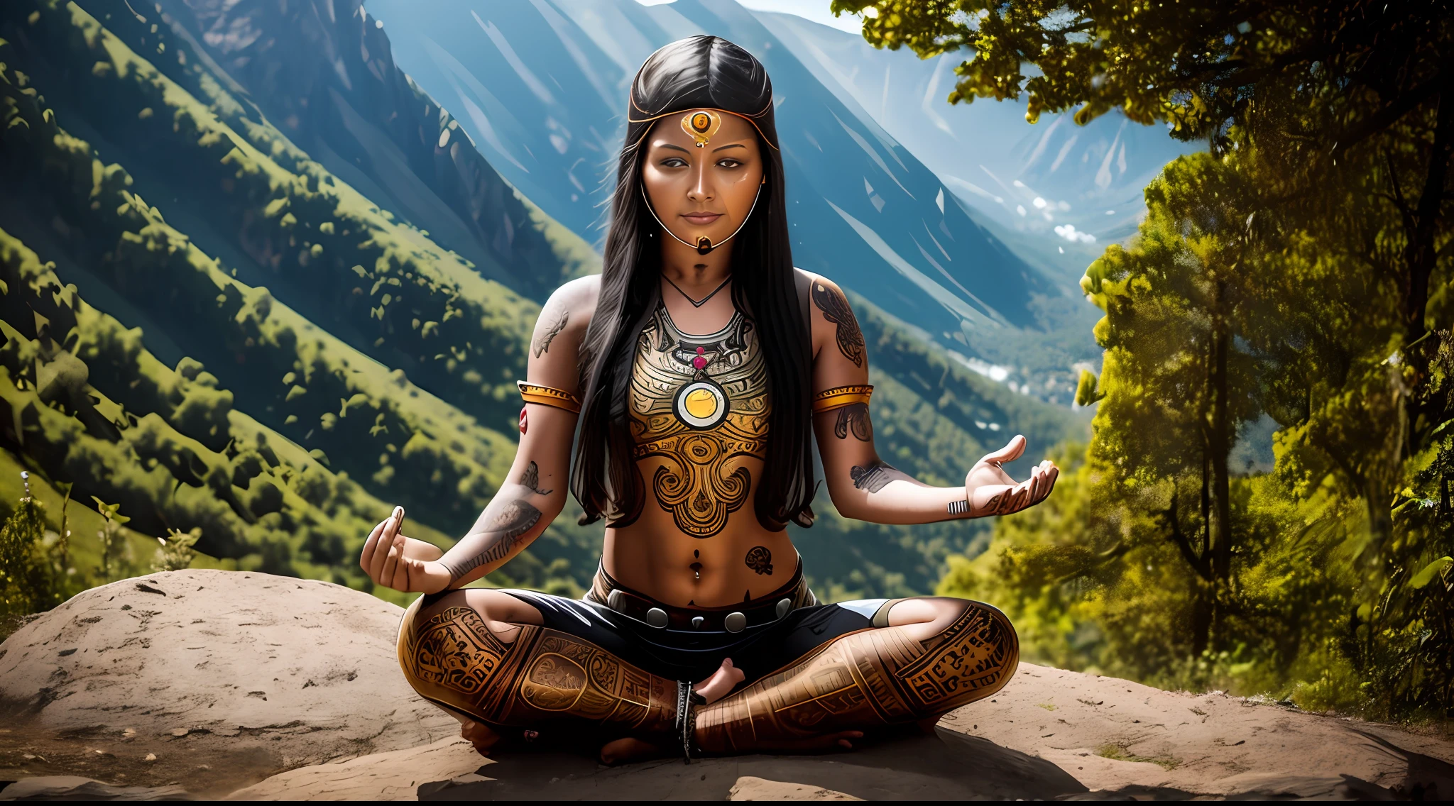 Young tantric priestess with percings tattoos and an ironman mask on her body meditating on a mountain --auto