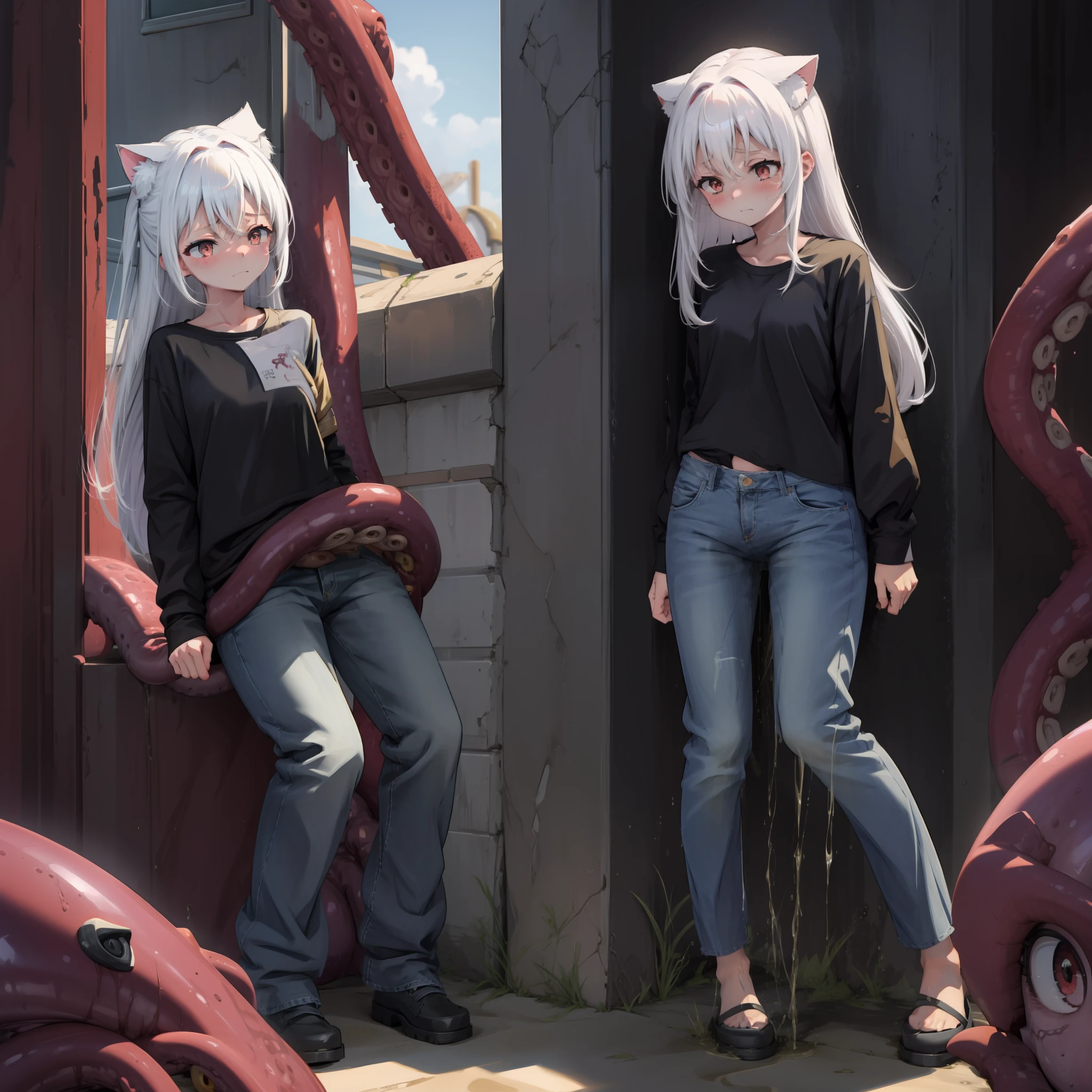 one girls、sand beach、obscenity、Metamorphosis、small head、white  hair、Cat's ears、Big red eyes、red blush、The look of despair、涎、Spit、お漏らし、Beautiful abs、Black shirt、jeans、discreet breasts、Tentacles are touching the chest、Super giant octopus、Touching the crotch