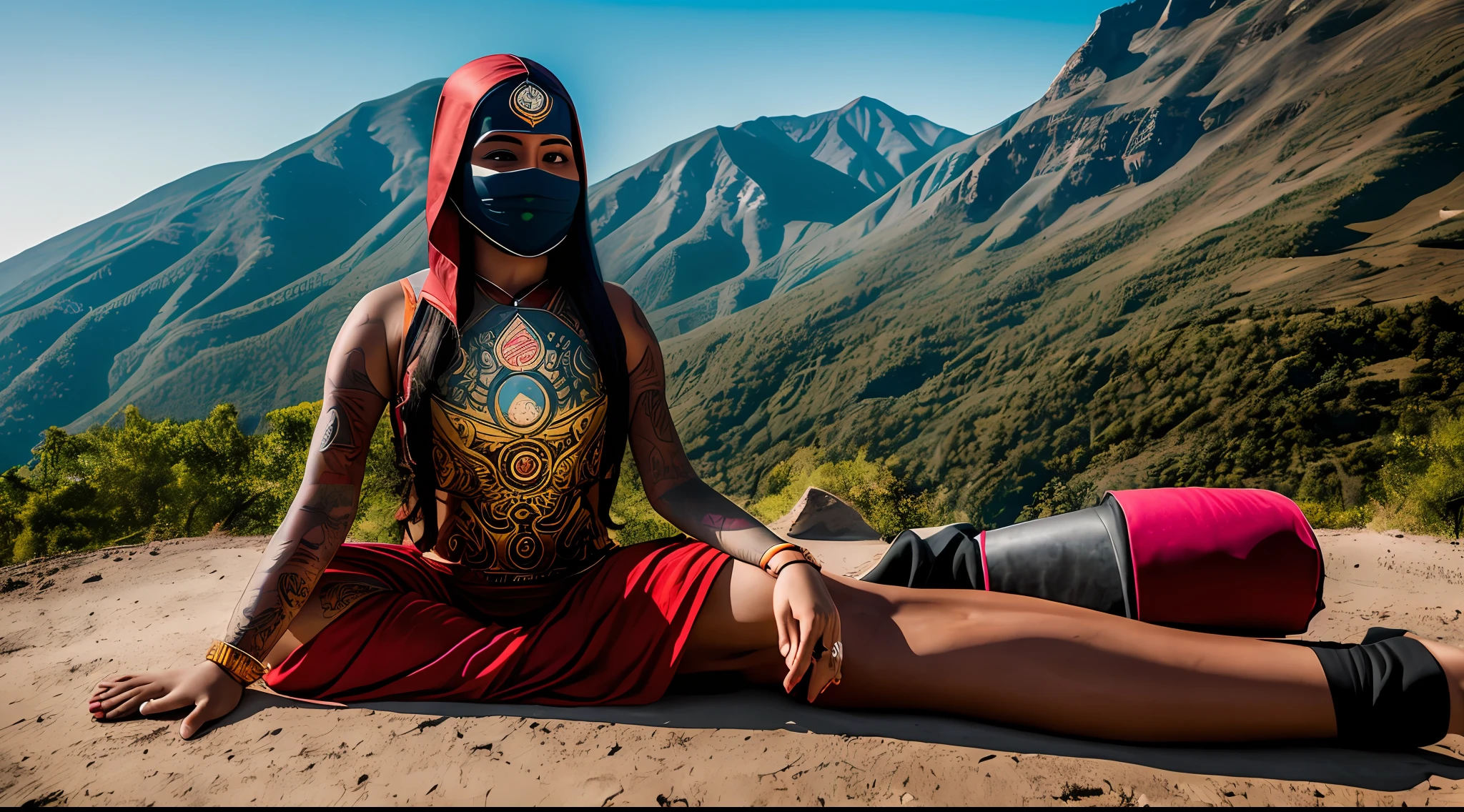 Young tantric priestess with percings tattoos and an ironman mask on her body meditating on a mountain --auto