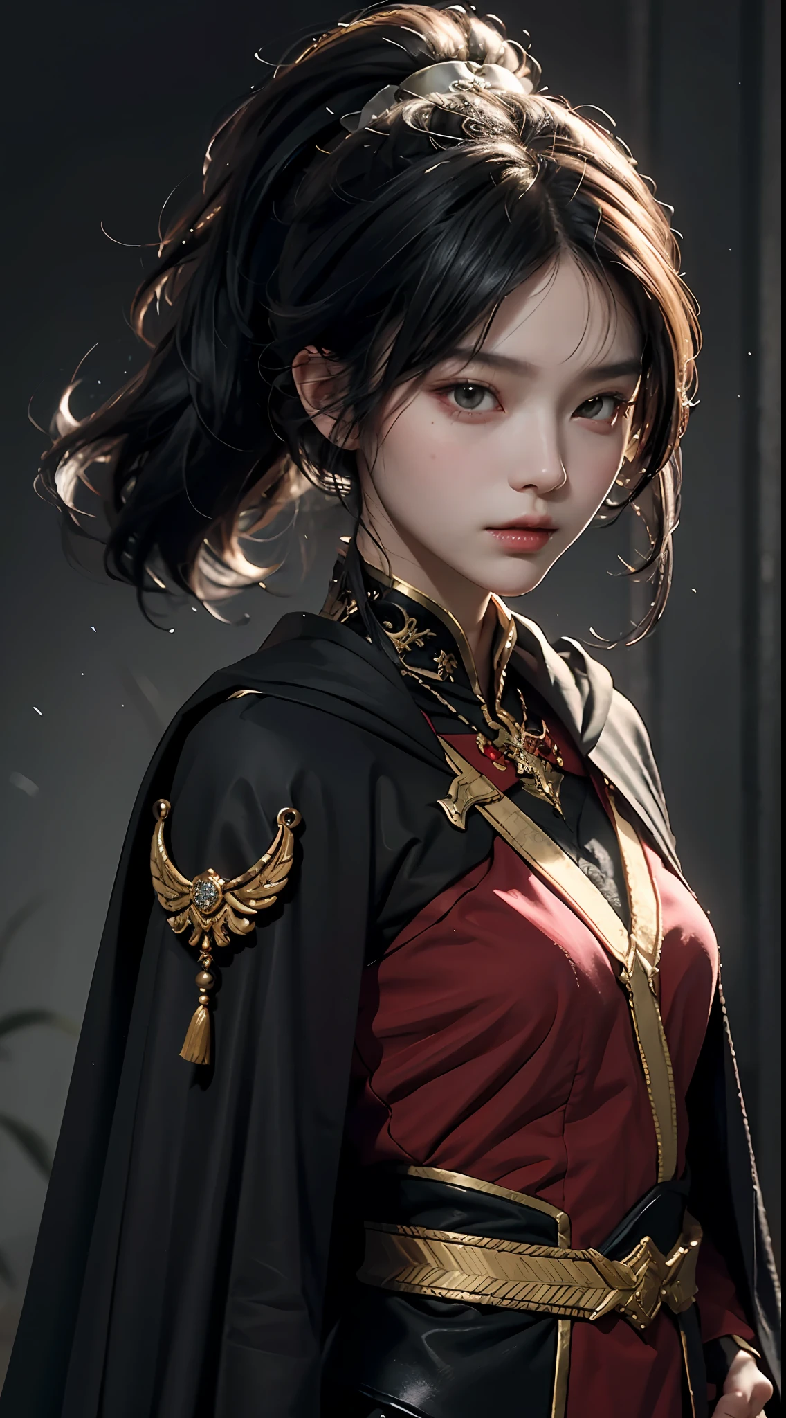 Highest image quality，Outstanding details，超高分辨率，（Fidelity：1.4），The best illustration，Favor the details，Female warlords，He has a delicate and beautiful face，Wearing a black cape，Black high ponytail，