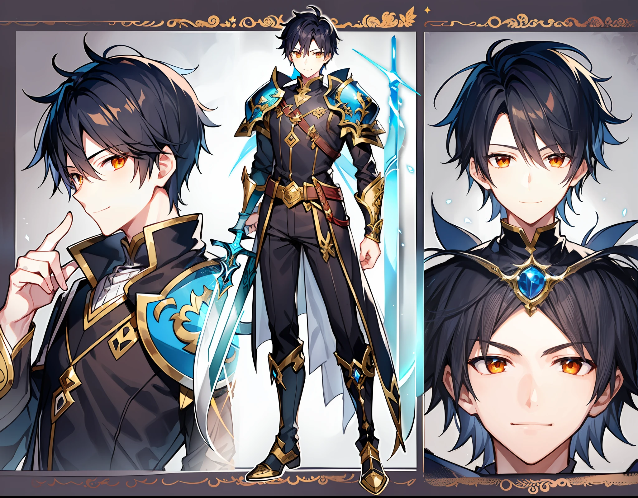 1 boy, young man, orange eyes, short hair, black hair, white skin, soft smile, sincere smile, kind look. Black suit. Accesories, 1 sword, shining sword, silver sword, 1 shield, blue shield, shining shield rpg sprite, rpg sprite mid body, rpg expression sheet