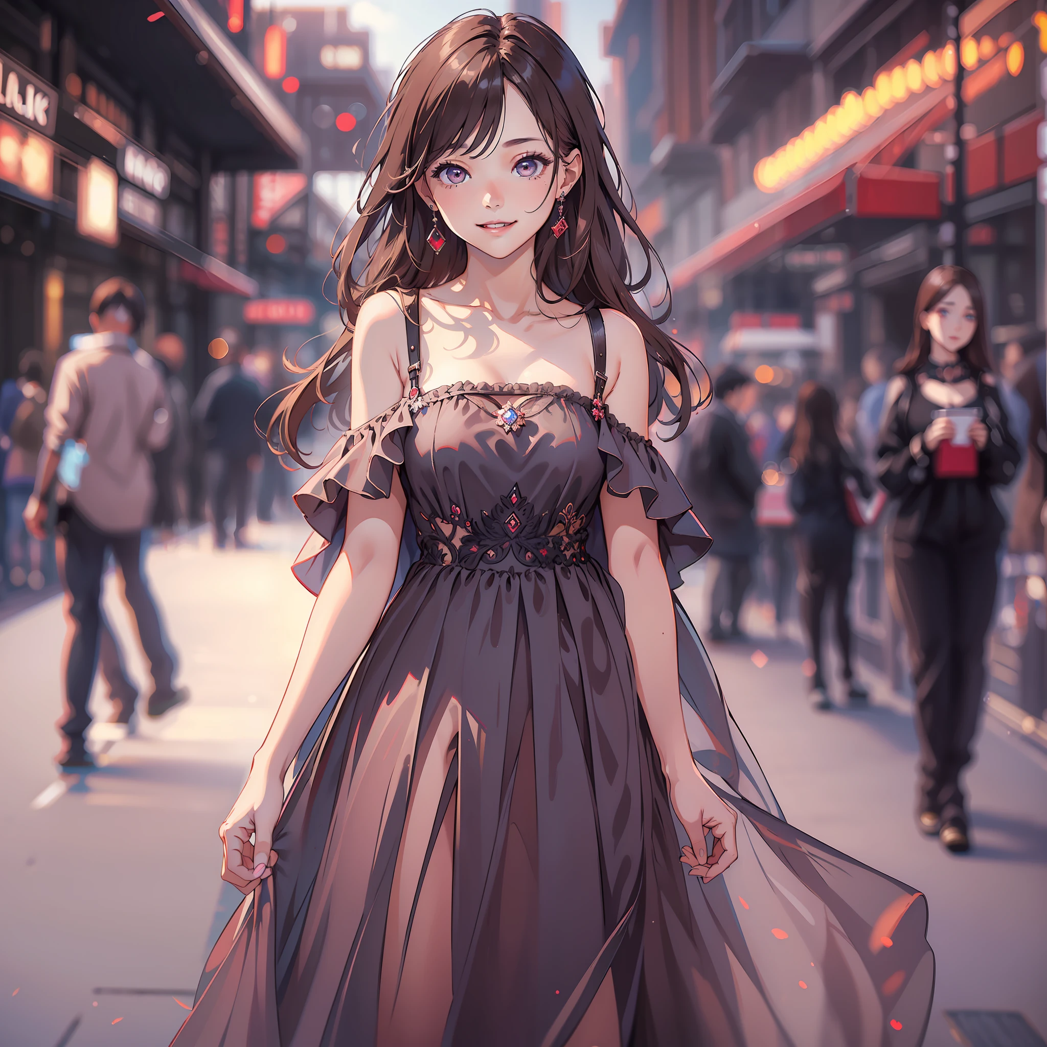 ((Best quality, 8k, Masterpiece :1.3)), 1girl, smiling, full body, slim face, Pretty woman, (Dark brown hair), full length dress :1.1, Ultra-detailed face, Detailed eyes, Double eyelid, blur background, slim face, city, outside, street,