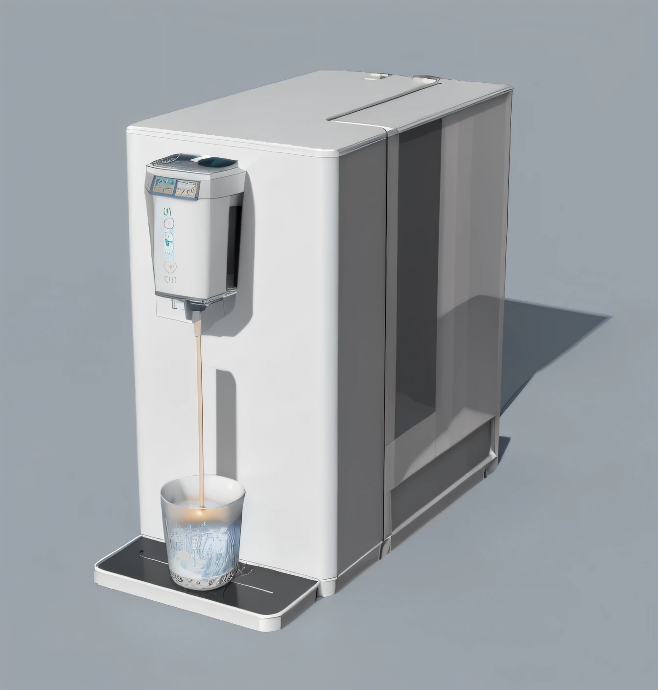 There was a white water dispenser,There is a cup on the water tray,There is a water window in front and a small blue bubble inside with a 3D coffee machine machine rendering, Water dispenser, rendered 3d model, 3d rendered model, Designed in a water boiler, product design render, modeled in 3 d, hd blender render, depicted as a 3 d render, 3 d product render, monochrome 3 d model, 3 d render n - 9