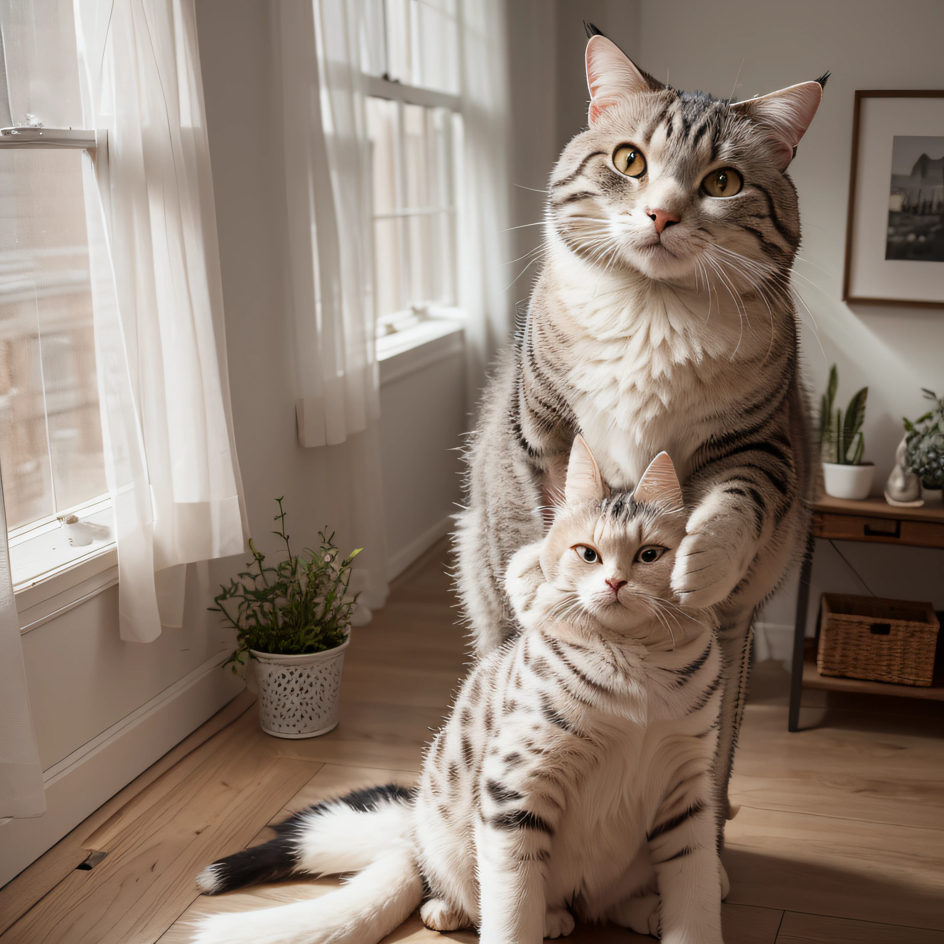 hightquality, top-quality, Photorealsitic, Raw photo, realisitic, in 8K, ultra-detailliert, high-detail, masterpiece, catss、Maine、Beautiful scenes in the room、Soft lighting、Elegant atmosphere、Gentle shades、Characteristic facial expressions of cats、Fluffy coat、plush furnishings、Warm indoor environment、Happy moments。