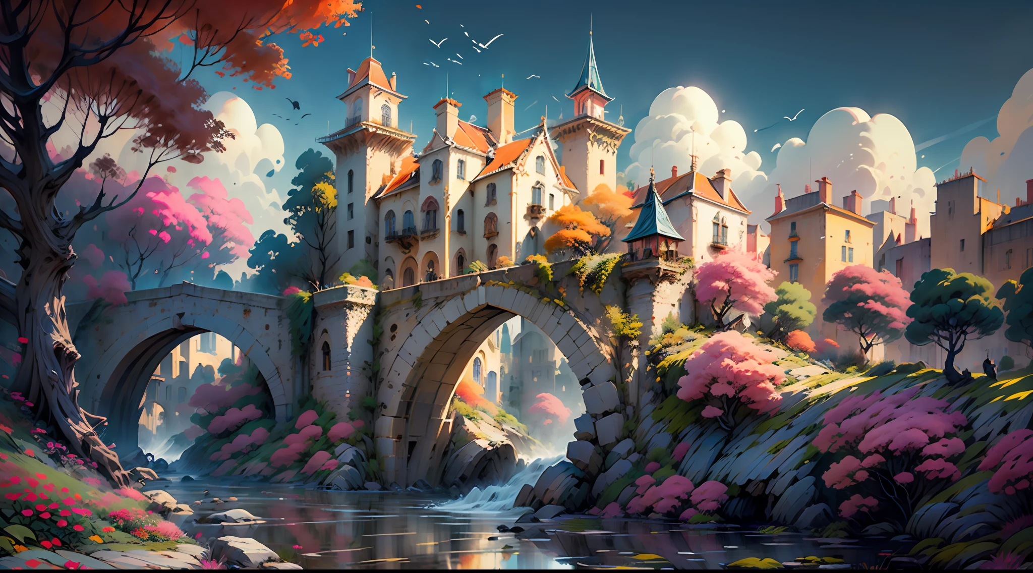(magical place: 1.2, vibrant colors: 1.1, bridge, city on the horizon, 8k) medieval castle, sky with ralampagos in autumn