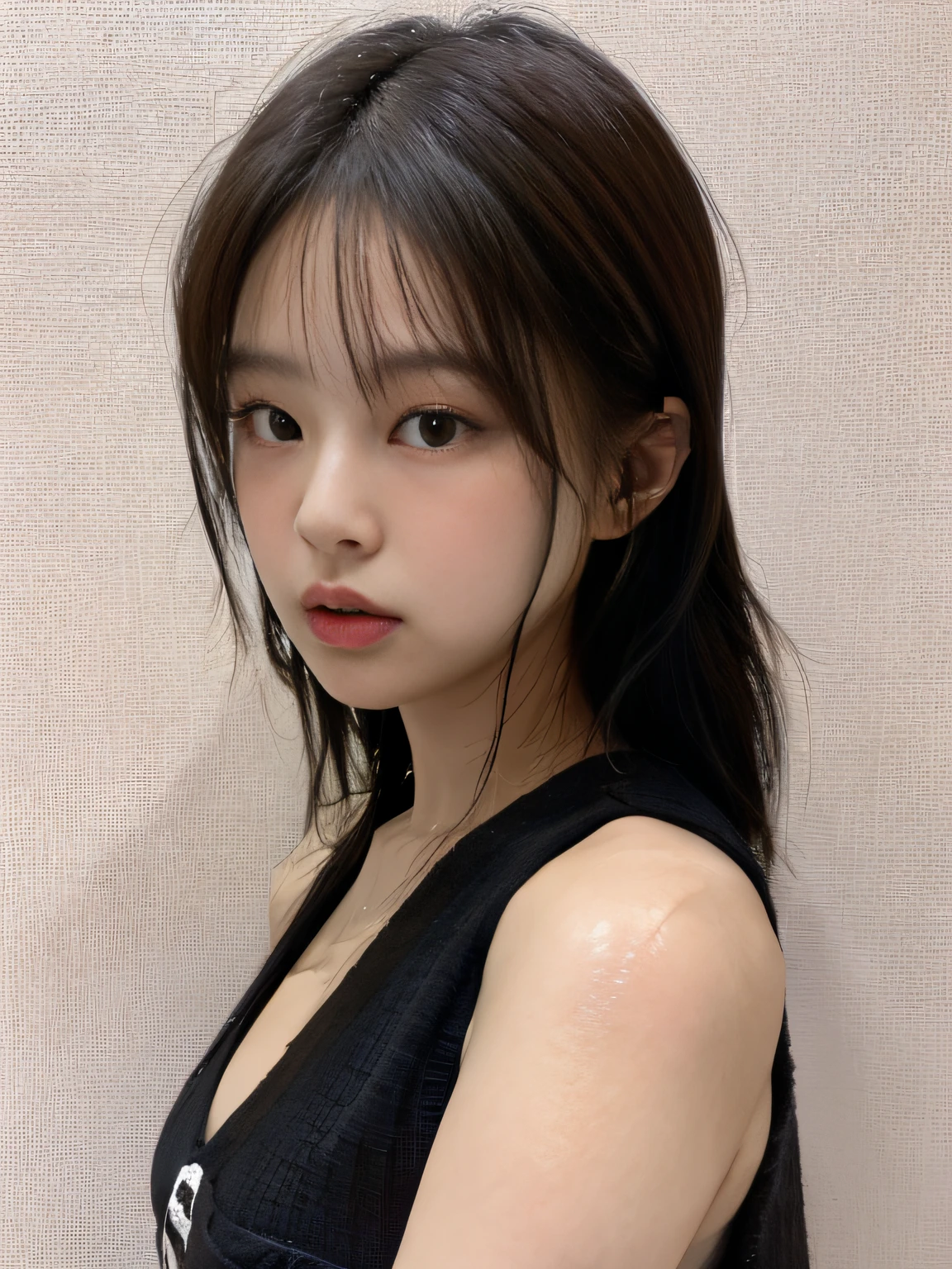 best quality, jjennie face shape, super high resolution, supermodel, (realism: 1 girl.8), RAW photo, 1 girl a girl, bare shoulders, wearing black vest, looking at the camera head-on, ID photo, sexy, black background, in the dark, deep shadow, understated, cold light