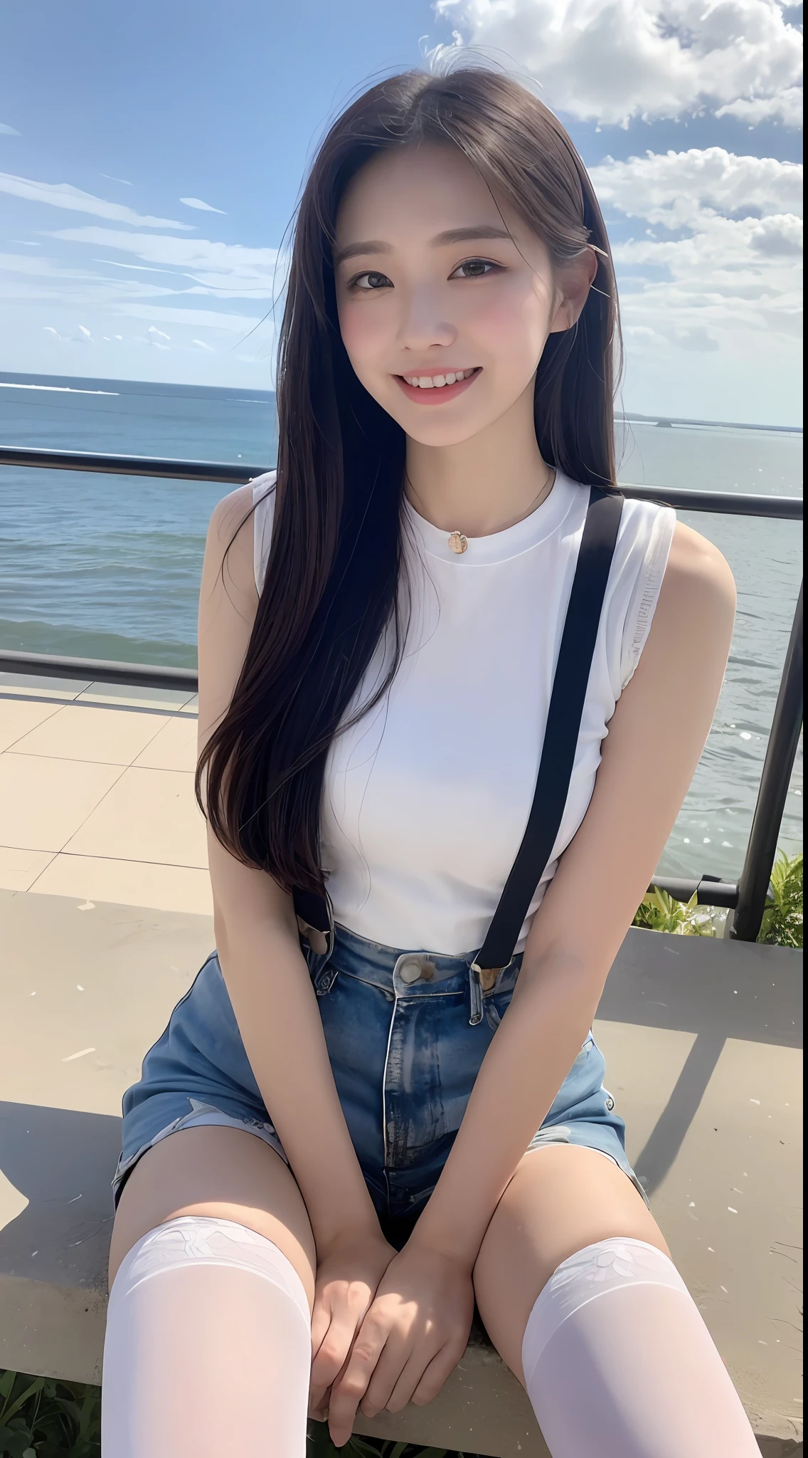 (1 Korean star with royal sister style), ((Best quality, 8K, 巨作: 1.3)), focal point: 1.2, Perfect body proportions: 1.4, (Make a smile), (Ray traching),Watery eyes, Highly Detailed Face and Skin Textur, Fine eyes, Double eyelids, Whitens the skin, (long whitr hair, Air bangs: 1.3), (face round: 1.5), (White suspenders,blue short pants: 1.4), (duck sitting,Sitting by the sea: 1.6),(white stockings: 1.4),(film grain style:1.3),a sense of atmosphere,with blue sky and white clouds,Blue skies