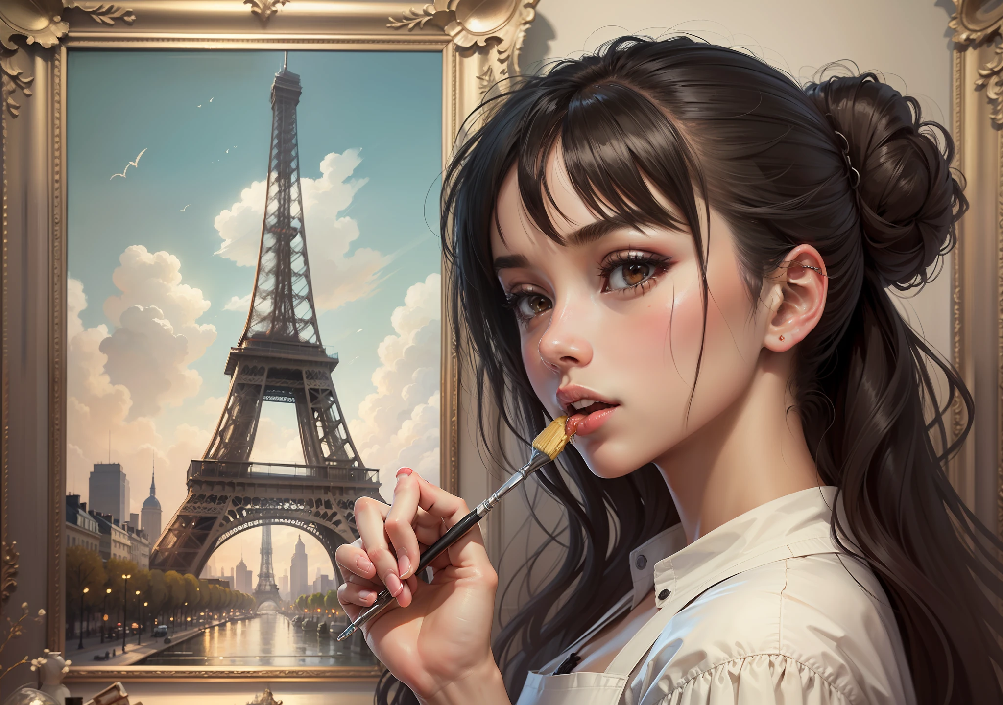 a girl with black hair and bun brown eyes white skin she is in apron the apron is dirty with paint and she is wearing a white dress and is. painting a picture in the frame has a painting of the Eiffel tower and is eating a snack is in your house