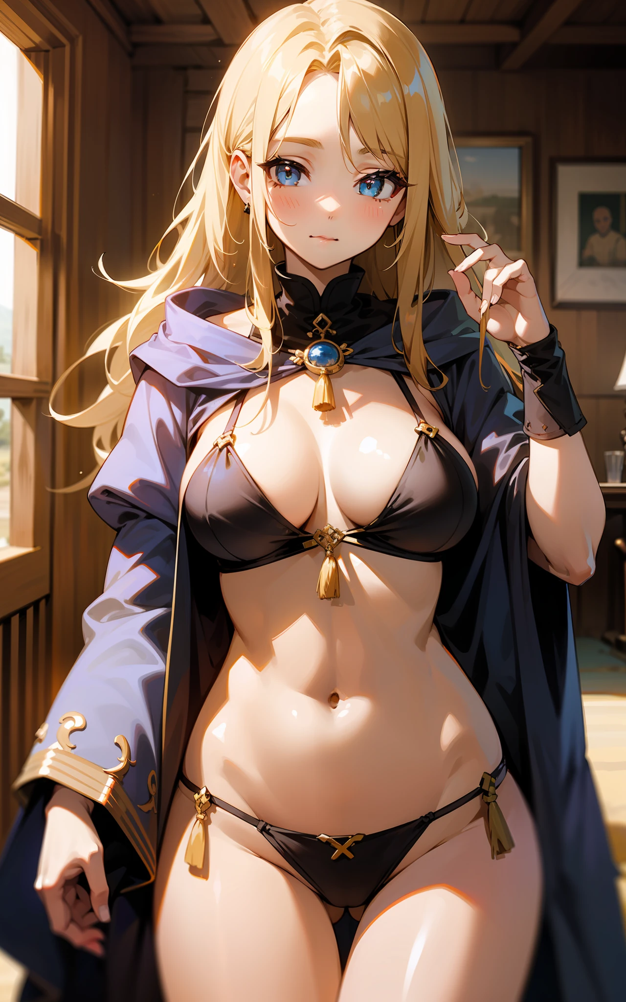 top-quality、hight resolution、detaileds, Desert People、Beautiful girl in underwear and cloak、Inside the desert dwelling、de pele branca、Fantasy World、Blonde long hair、Sauce order、